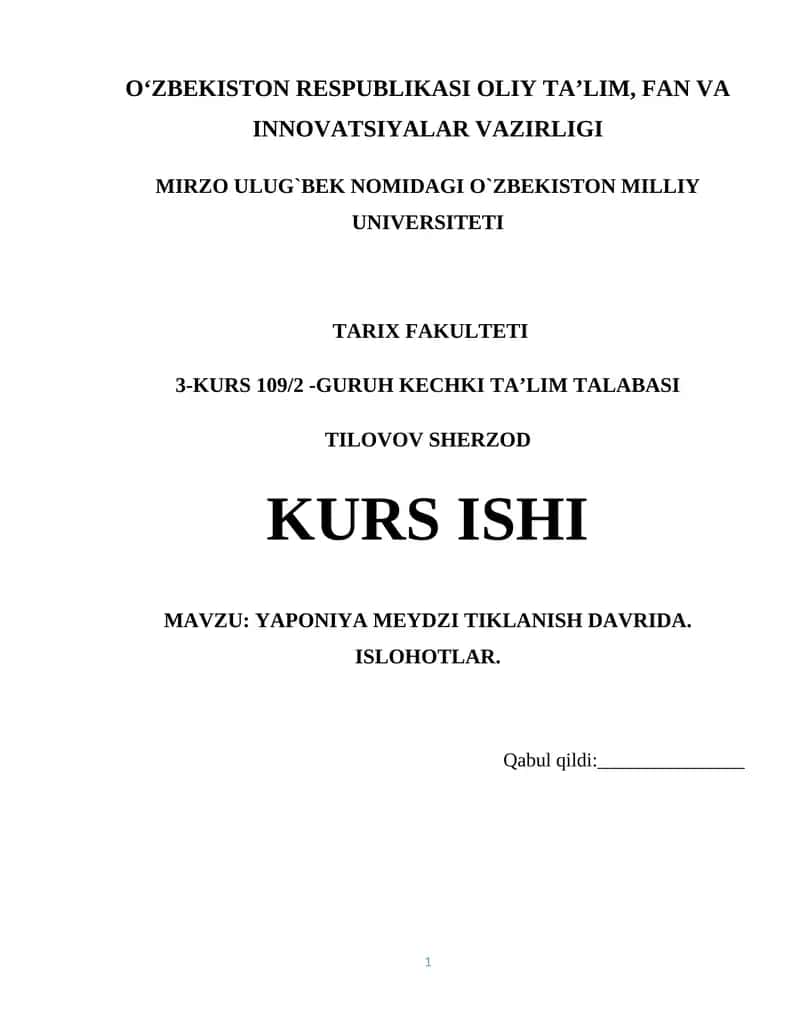 YAPONIYA MEYDZI TIKLANISH DAVRIDA. ISLOHOTLAR