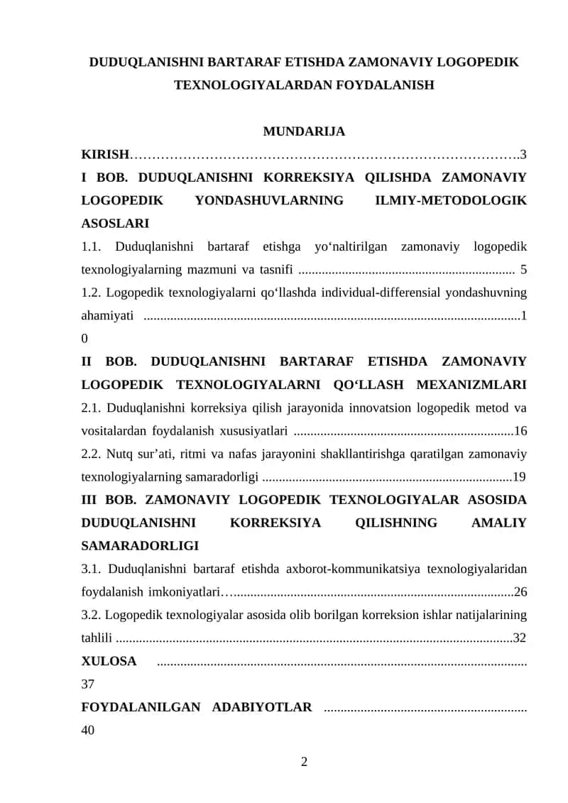 DUDUQLANISHNI BARTARAF ETISHDA ZAMONAVIY LOGOPEDIK TEXNOLOGIYALARDAN FOYDALANISH