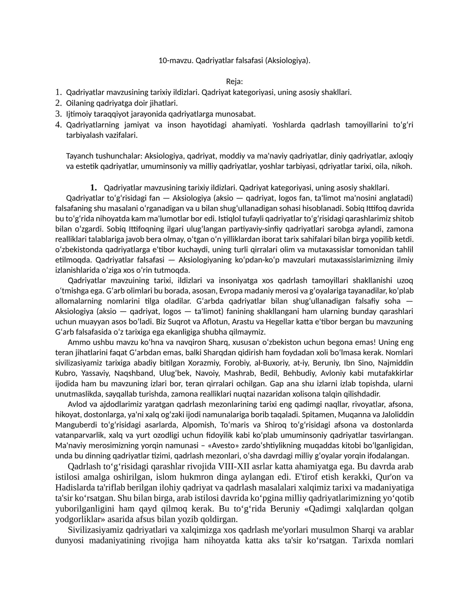 10-mavzu. Qadriyatlar falsafasi (Aksiologiya)