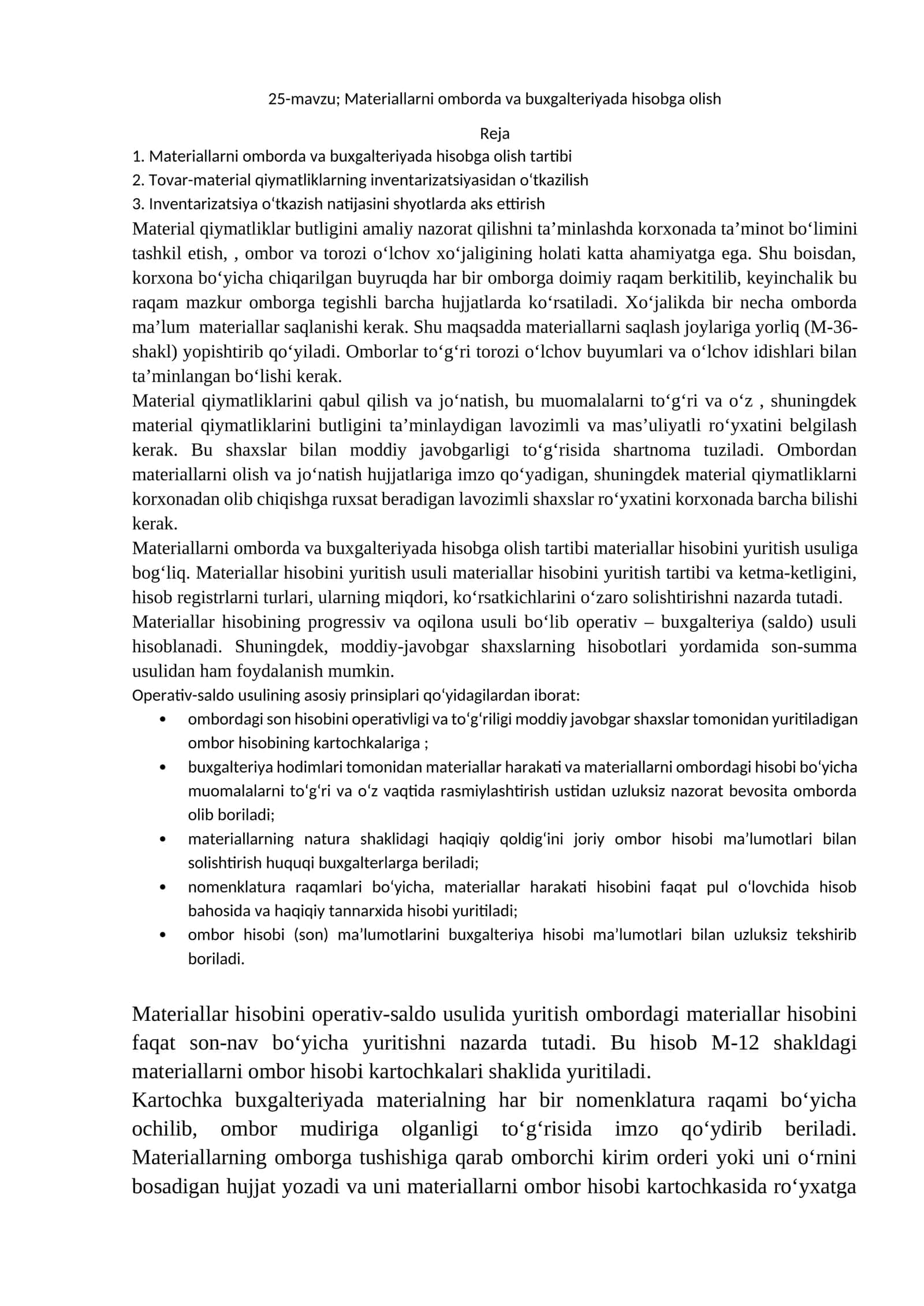 Materiallarni omborda va buxgalteriyada hisobga olish