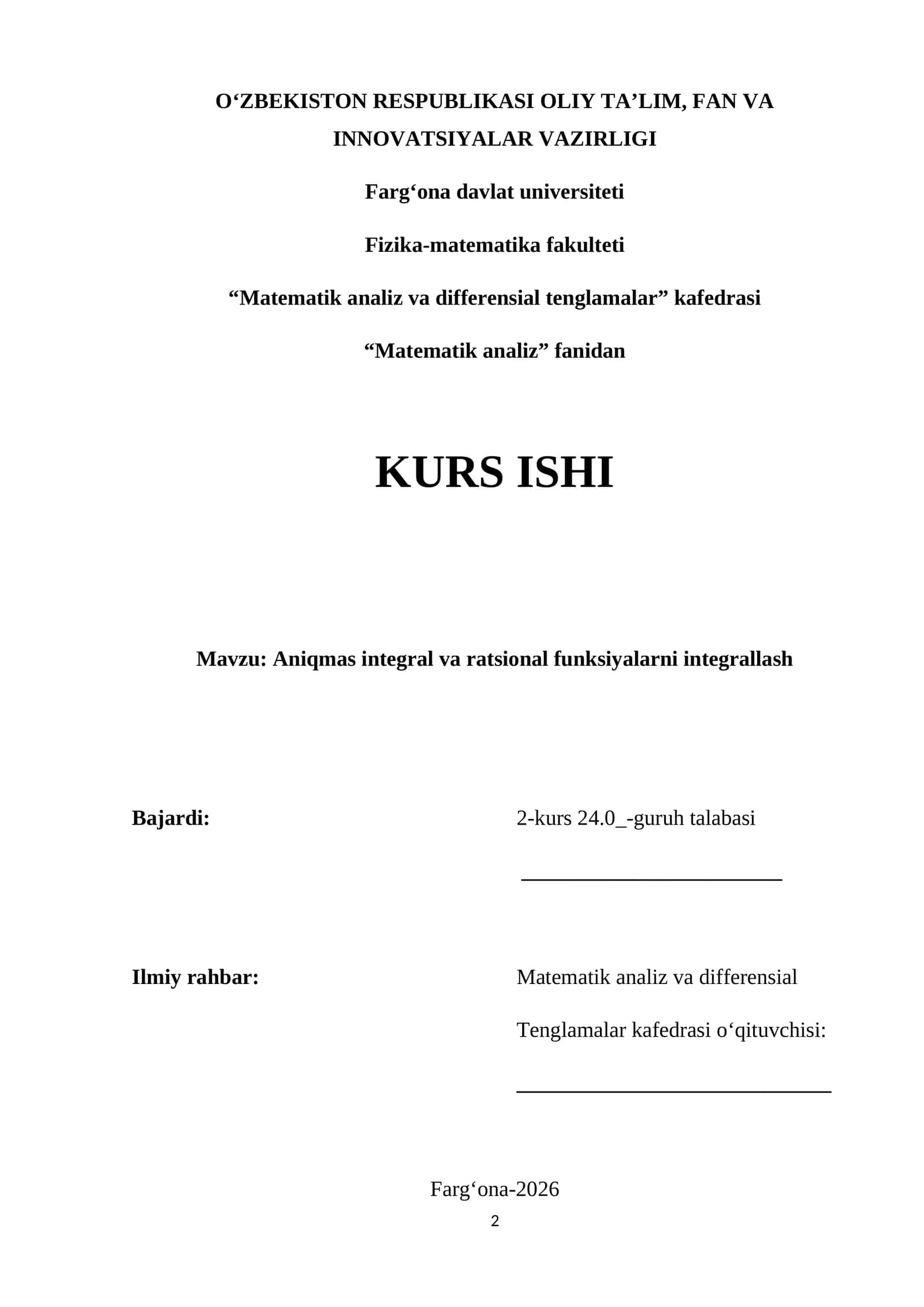 Aniqmas integral va ratsional funksiyalarni integrallash