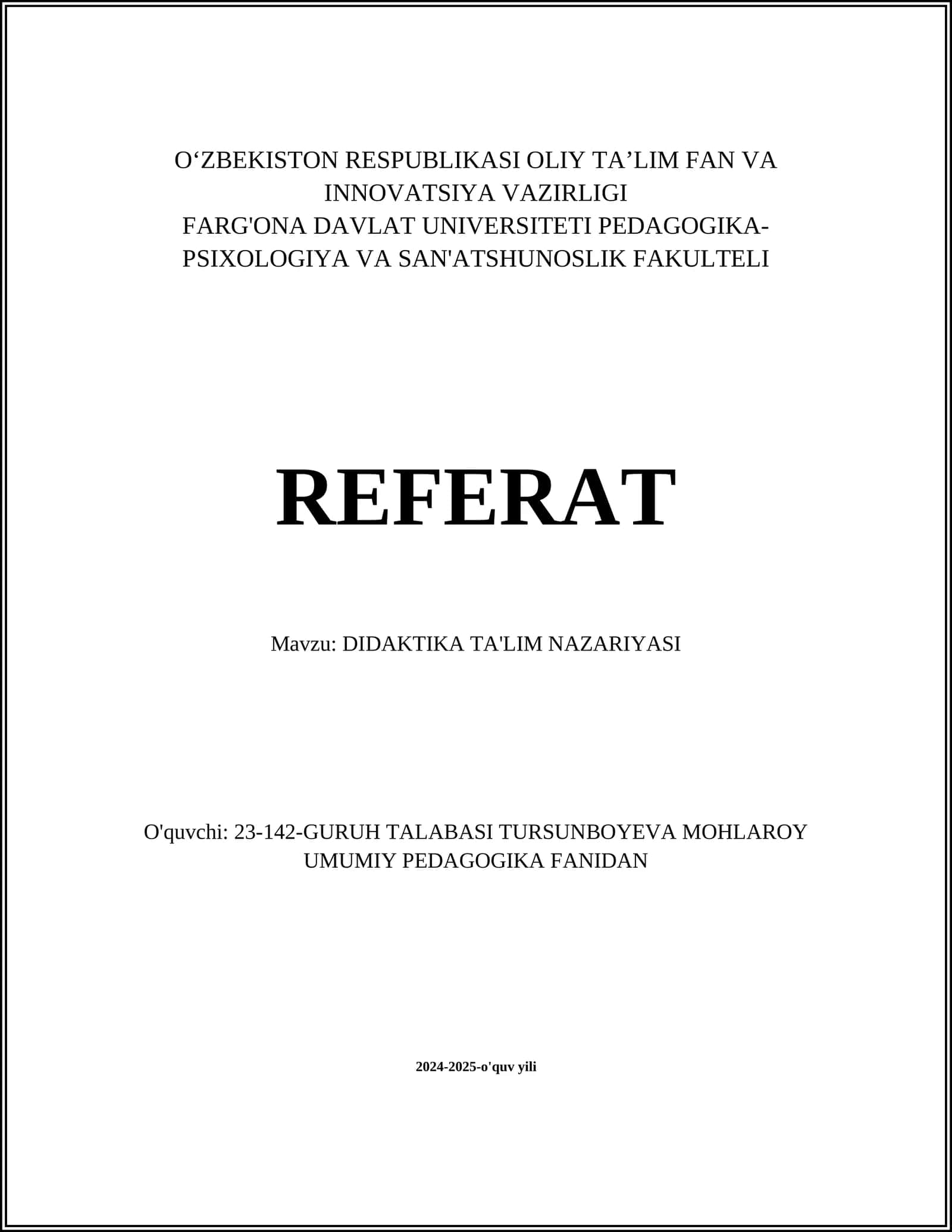 DIDAKTIKA TA'LIM NAZARIYASI