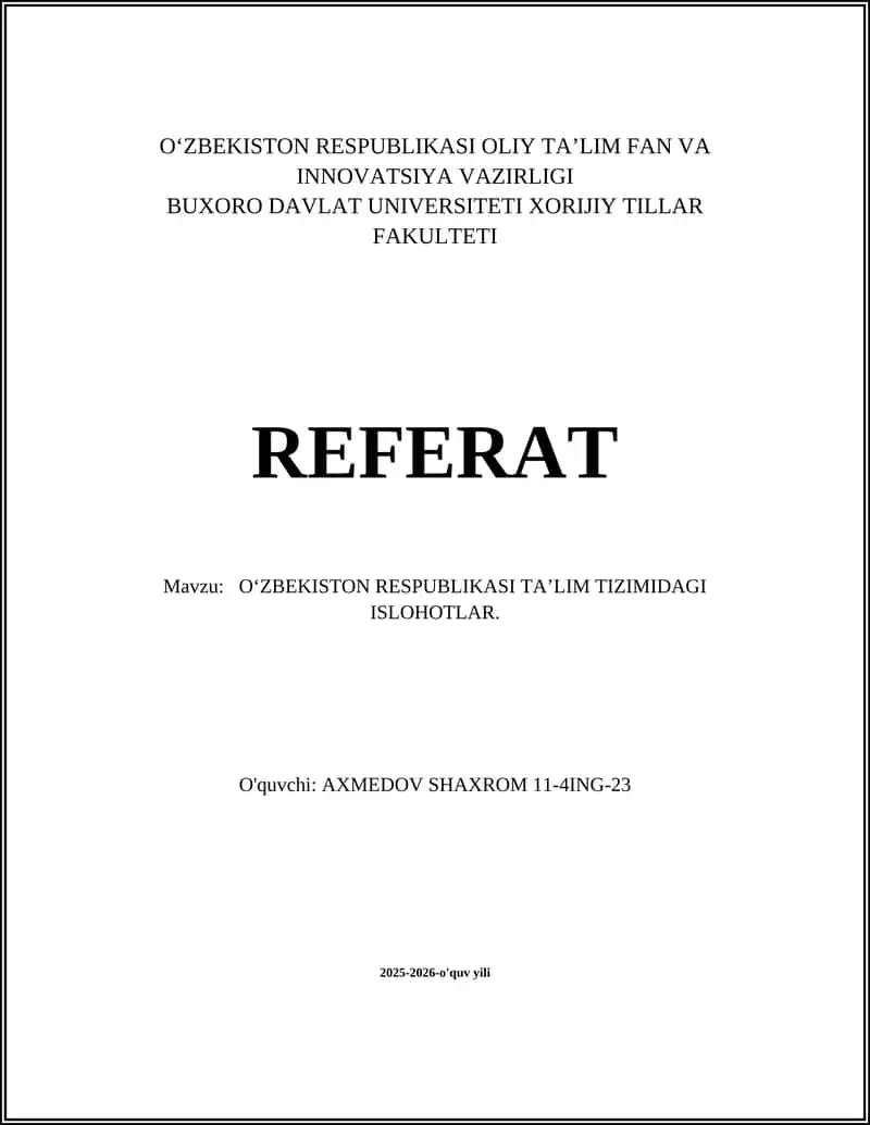 O'ZBEKISTON RESPUBLIKASI TA’LIM TIZIMIDAGI ISLOHOTLAR