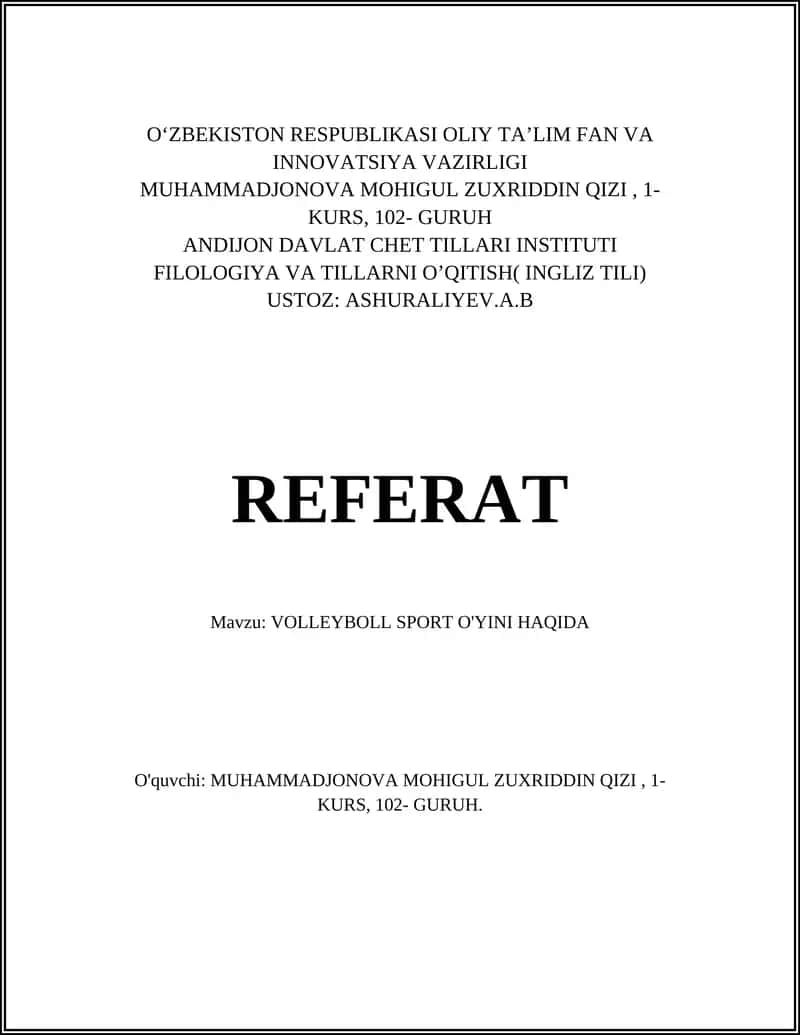 VOLLEYBOLL SPORT O'YINI HAQIDA
