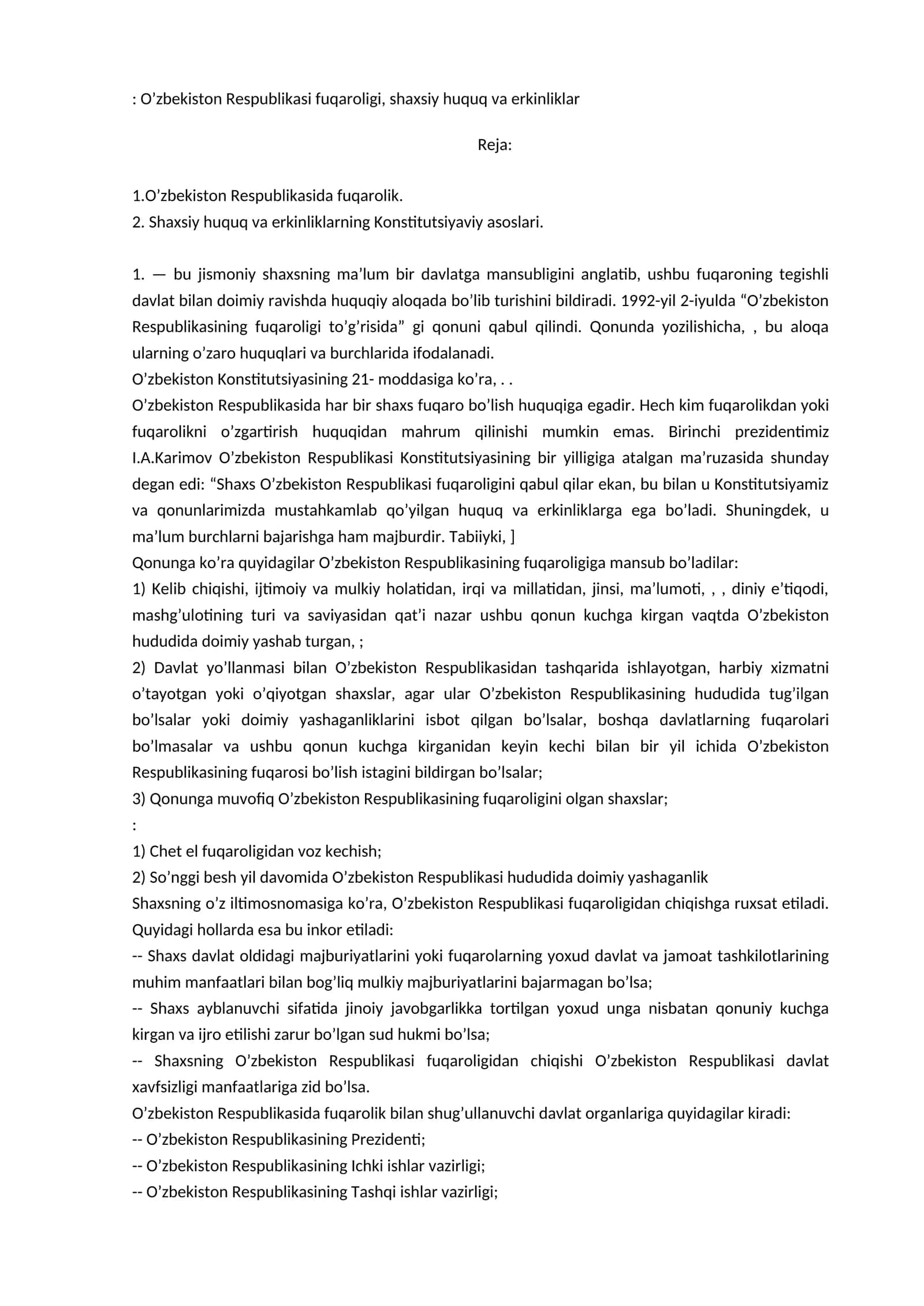 O’zbekiston Respublikasi fuqaroligi, shaxsiy huquq va erkinliklar