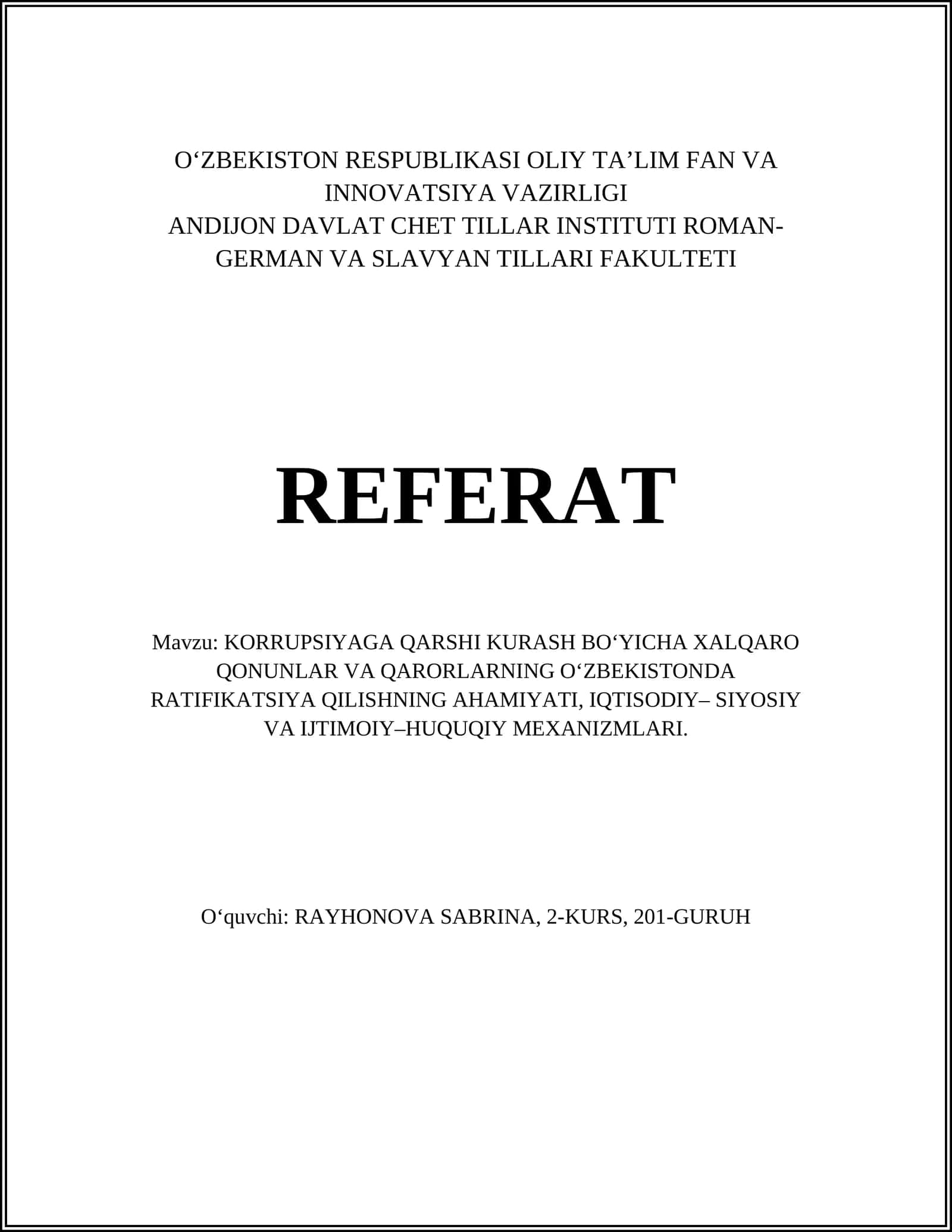 Korrupsiyaga Qarshi Kurash Bo‘yicha Xalqaro Qonunlar