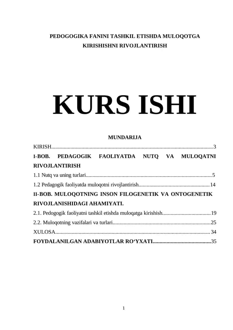 PEDOGOGIKA FANINI TASHKIL ETISHDA MULOQOTGA KIRISHISHNI RIVOJLANTIRISH KURS ISHI