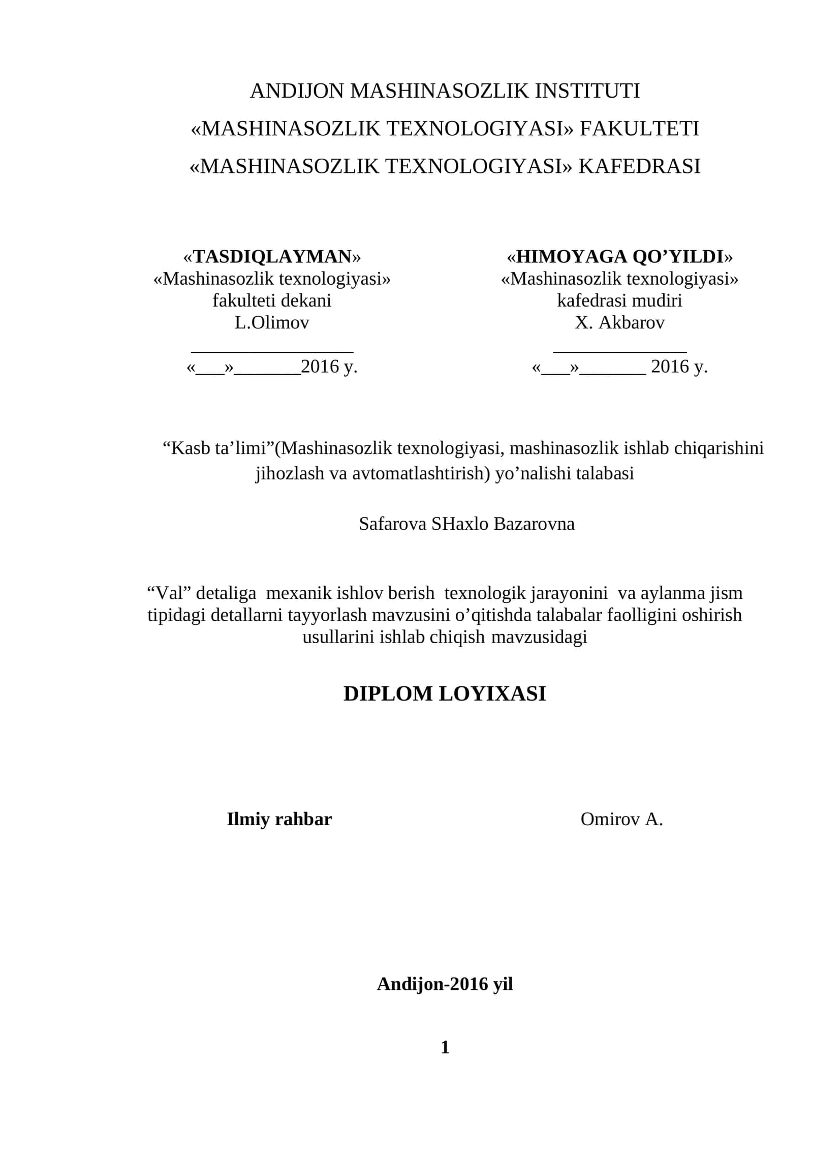 «Mashinasozlik texnologiyasi»