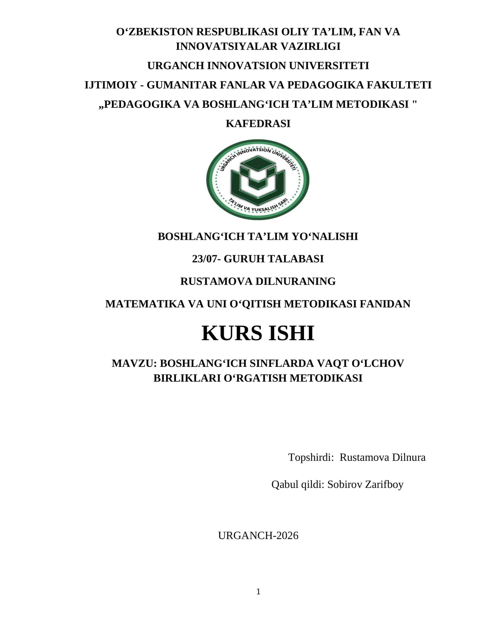 BOSHLANG‘ICH SINFLARDA VAQT O‘LCHOV BIRLIKLARI O‘RGATISH METODIKASI