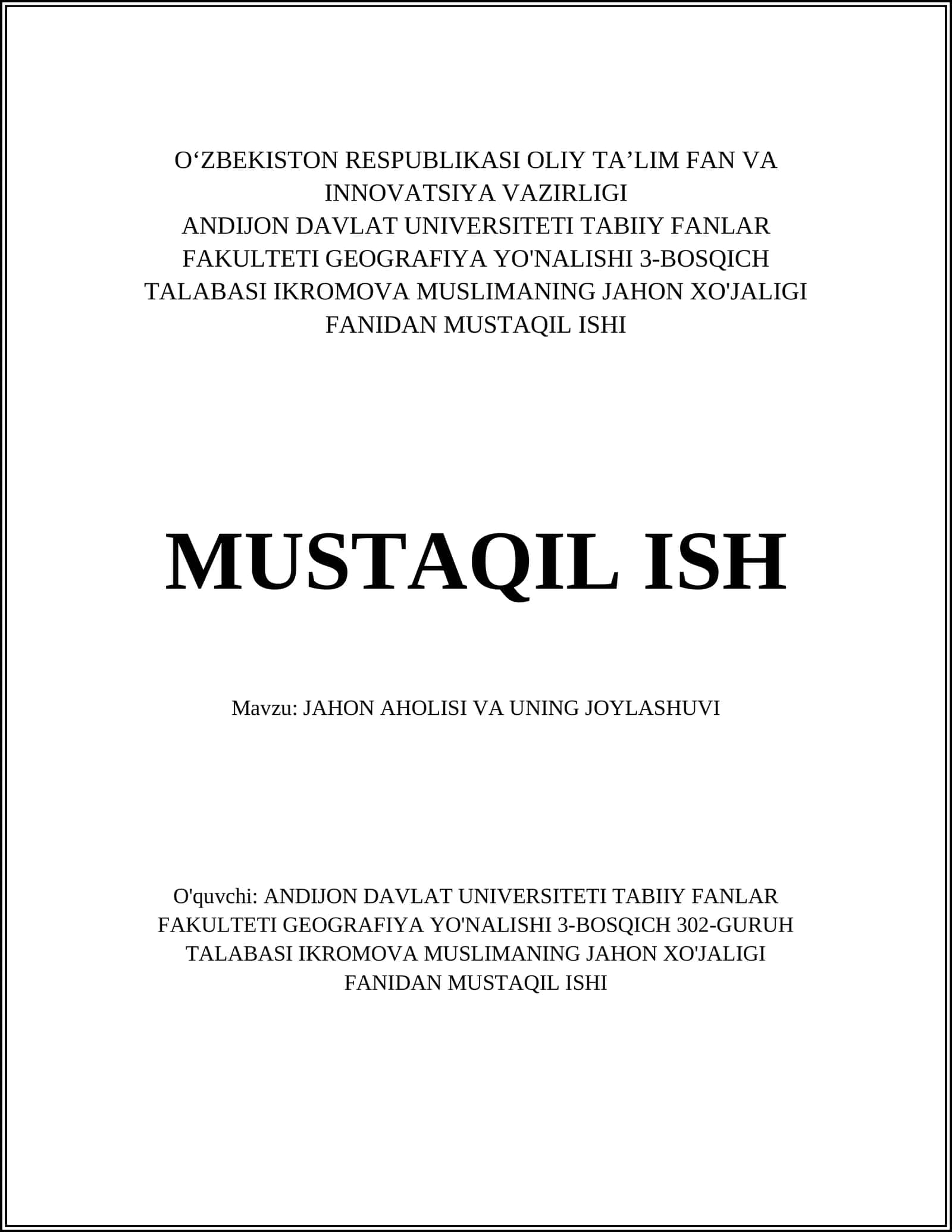 JAHON AHOLISI VA UNING JOYLASHUVI