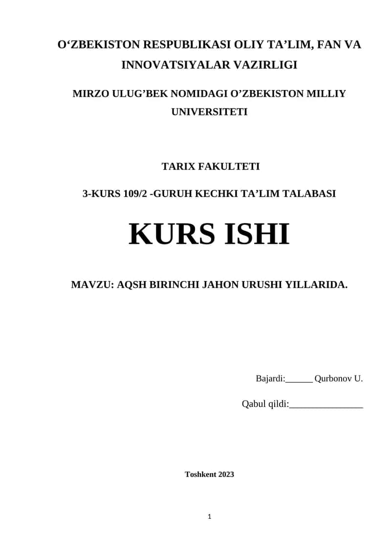 AQSH BIRINCHI JAHON URUSHI YILLARIDA