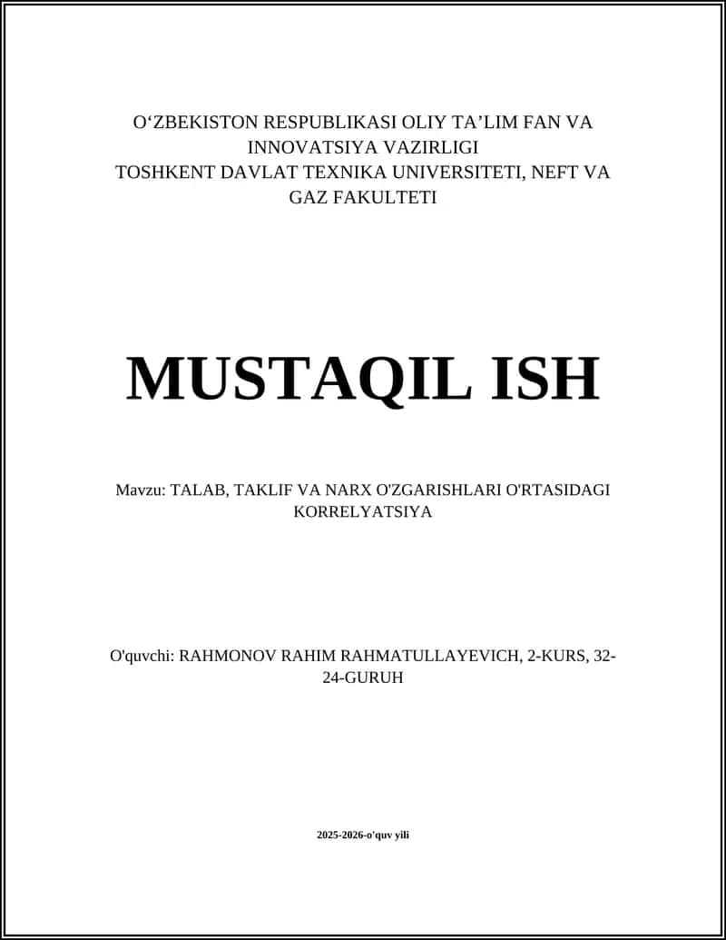 TALAB, TAKLIF VA NARX O'ZGARISHLARI O'RTASIDAGI KORRELYATSIYA