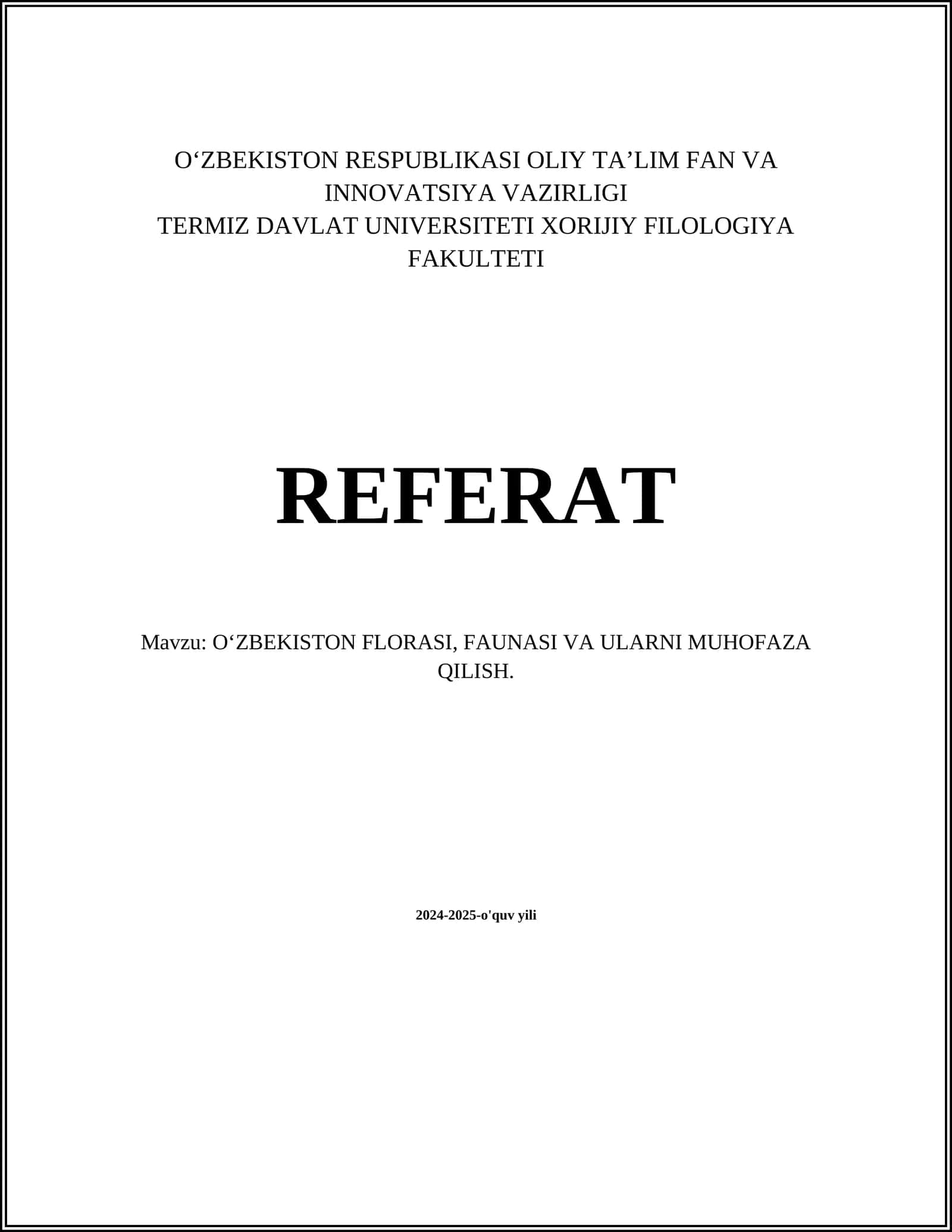 O‘ZBEKISTON FLORASI, FAUNASI VA ULARNI MUHOFAZA QILISH