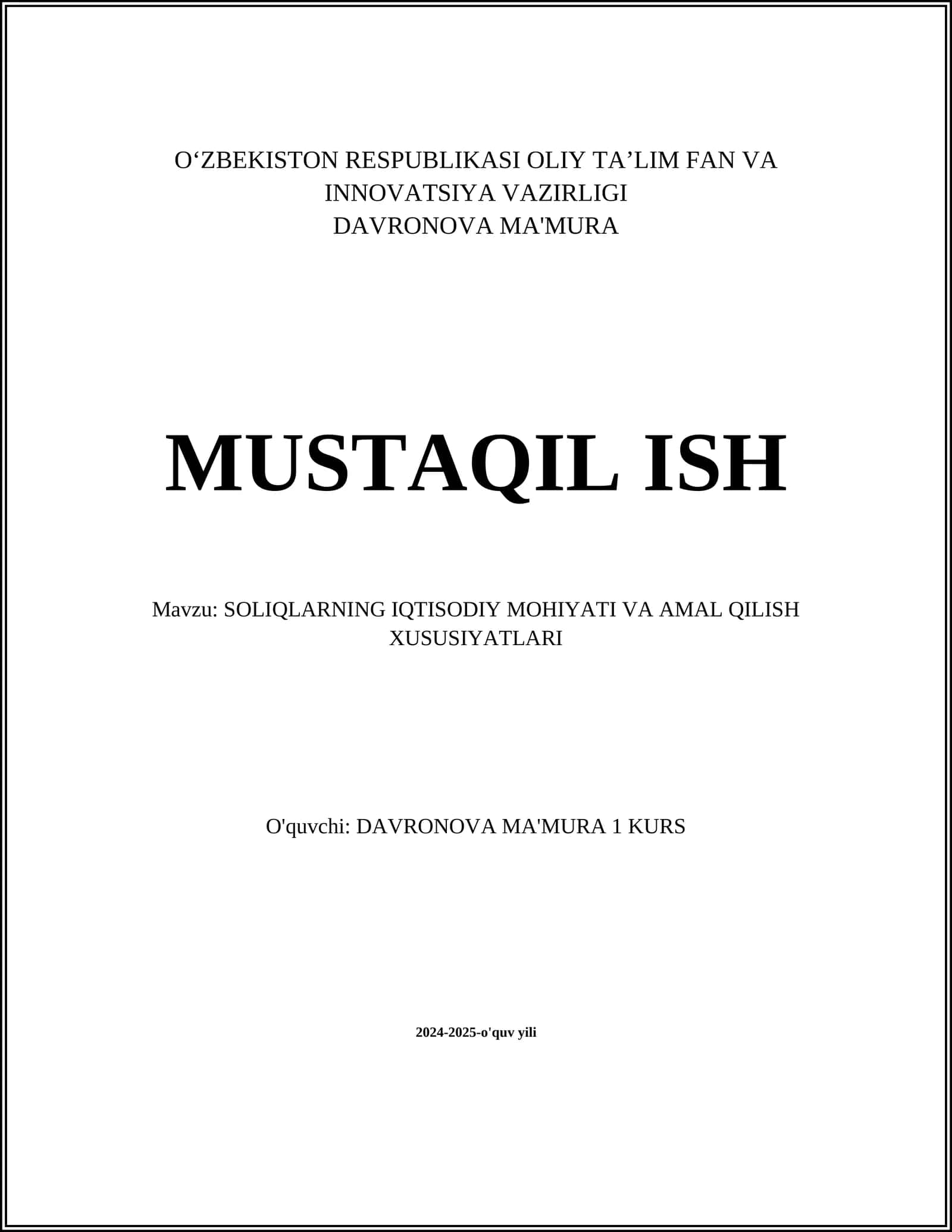 SOLIQLARNING IQTISODIY MOHIYATI VA AMAL QILISH XUSUSIYATLARI