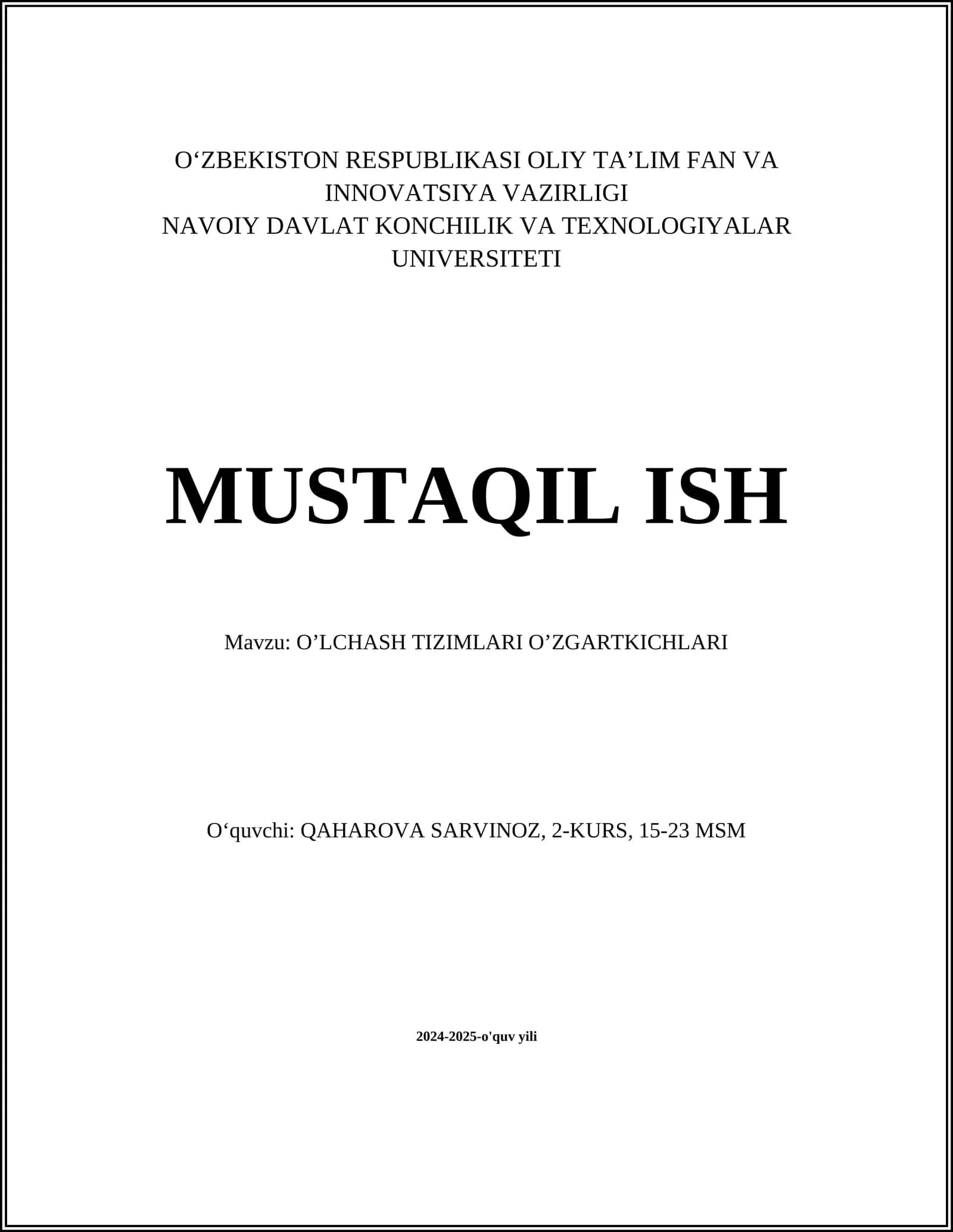 O'LCHASH TIZIMLARI O’ZGARTKICHLARI