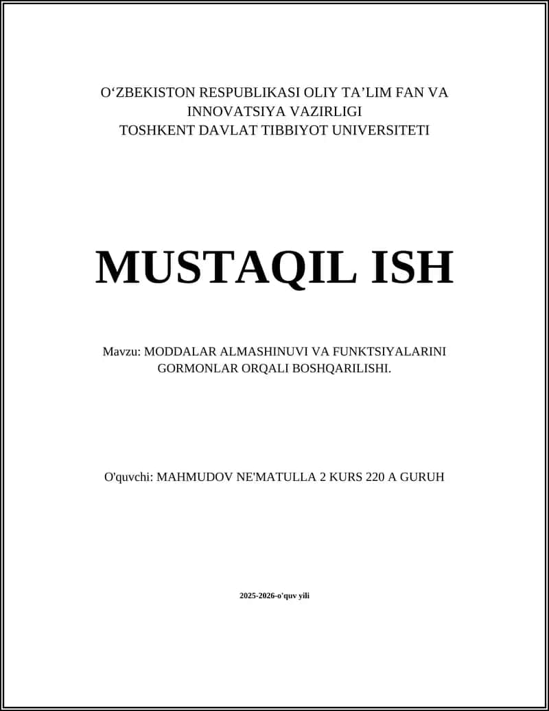 MODDALAR ALMASHINUVI VA FUNKTSIYALARINI GORMONLAR ORQALI BOSHQARILISHI