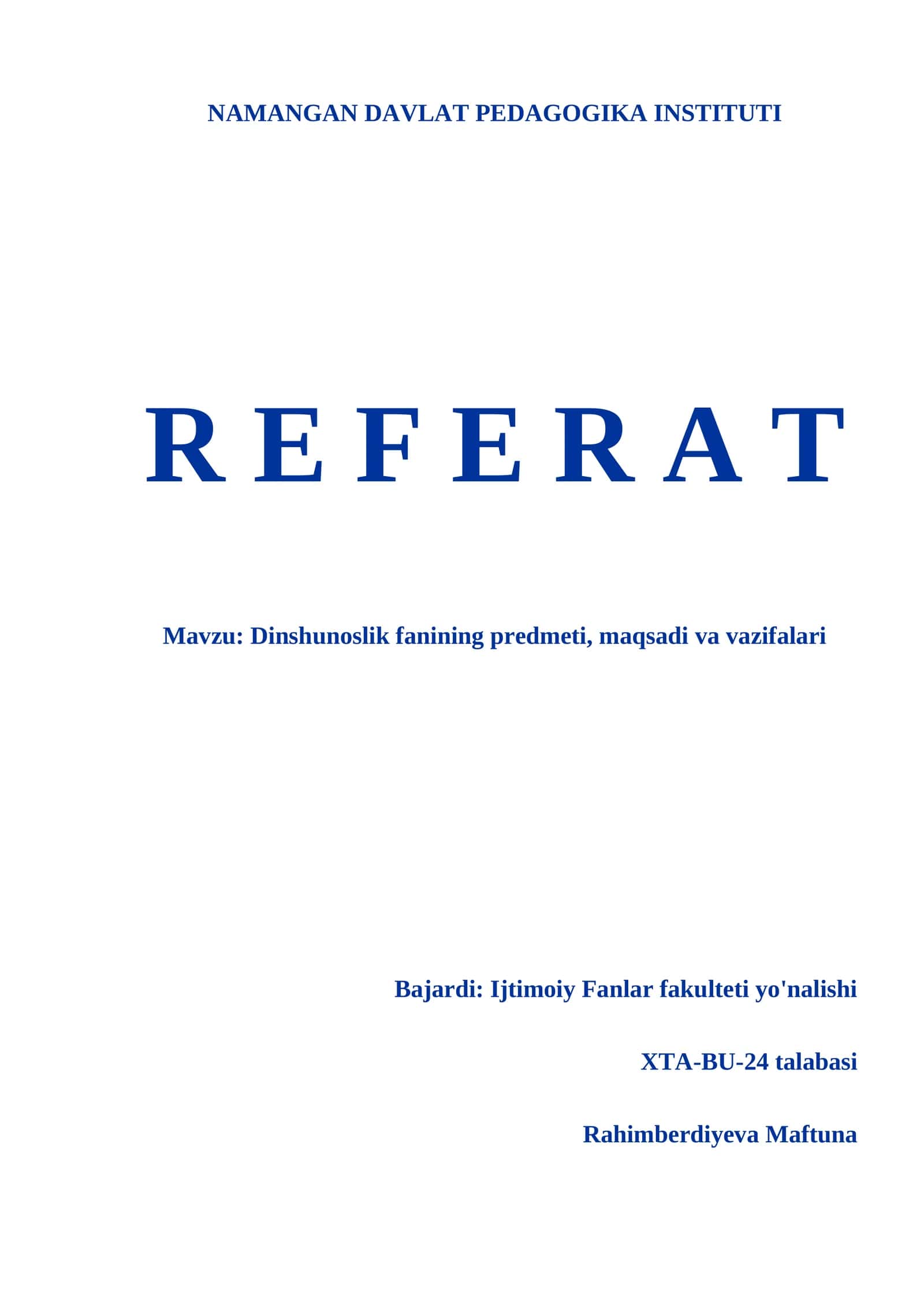 Dinshunoslik fanining predmeti, maqsadi va vazifalari
