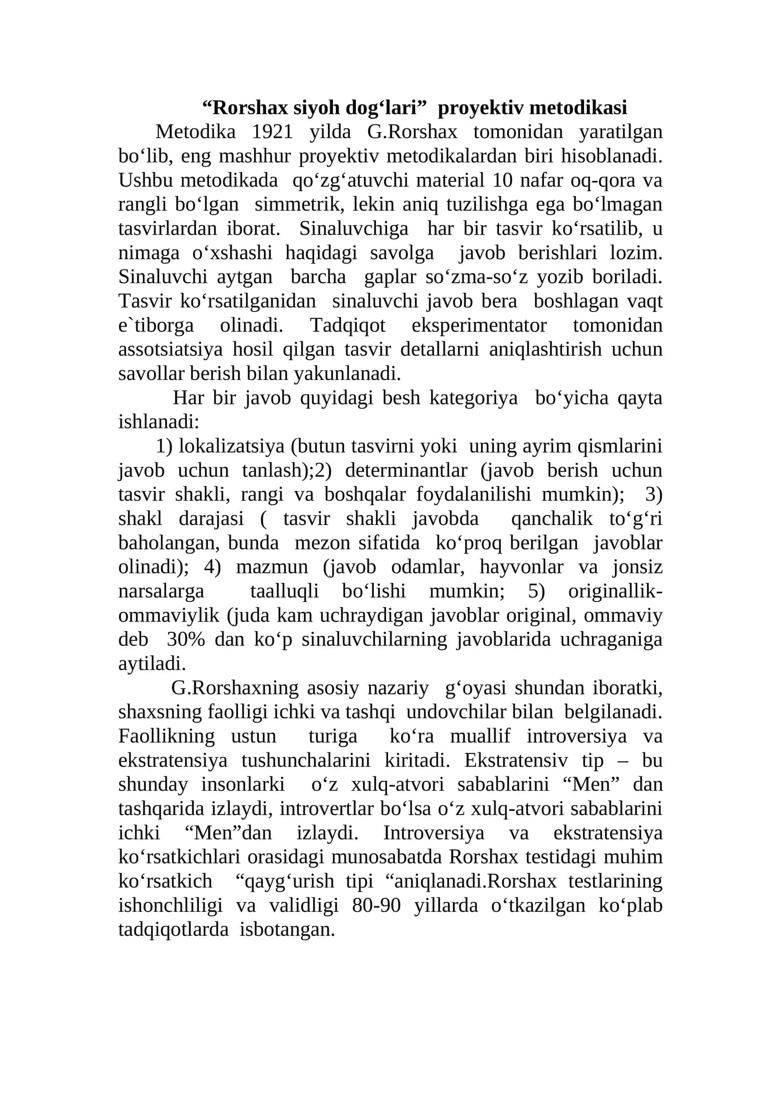 “Rorshax siyoh dog‘lari” proyektiv metodikasi