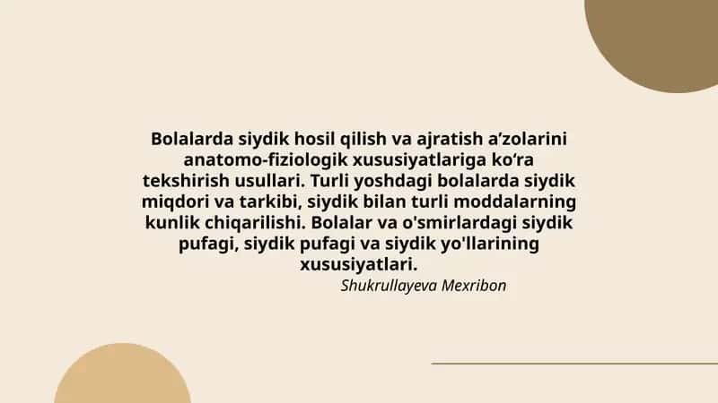 Bolalarda Siydik Hosil Qilish Va Ajratish A'zolari
