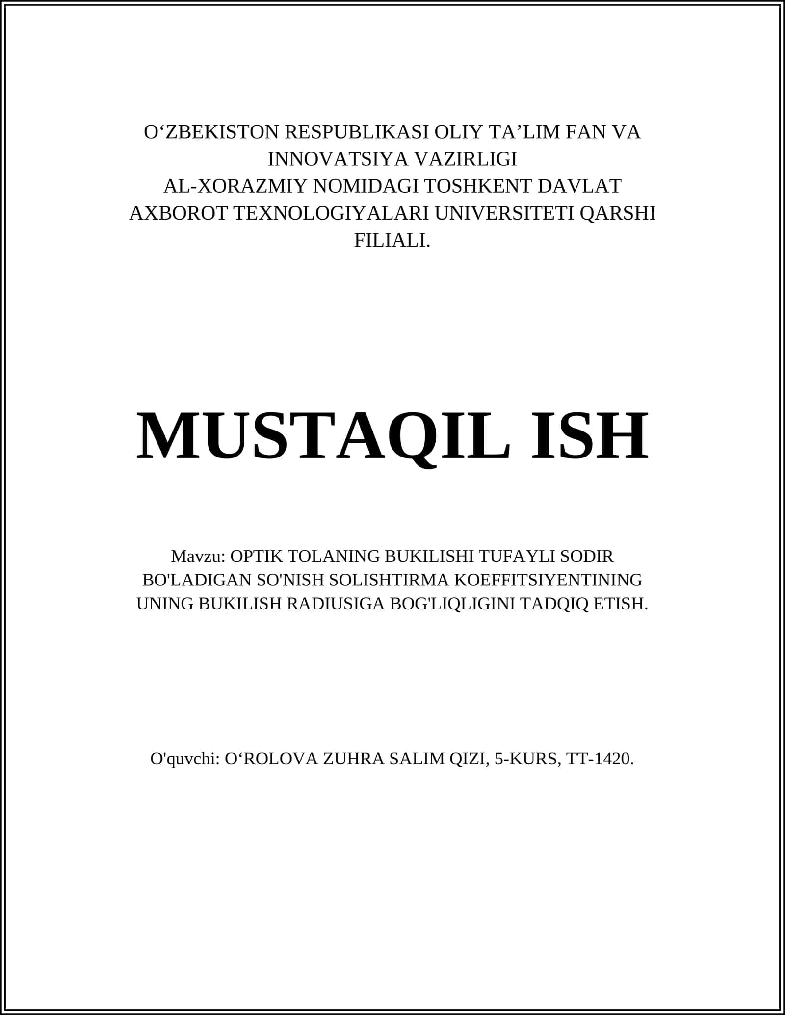 OPTIK TOLANING BUKILISHI TUFAYLI SODIR BO'LADIGAN SO'NISH SOLISHTIRMA KOEFFITSIYENTINING UNING BUKILISH RADIUSIGA BOG'LIQLIGINI TADQIQ ETISH