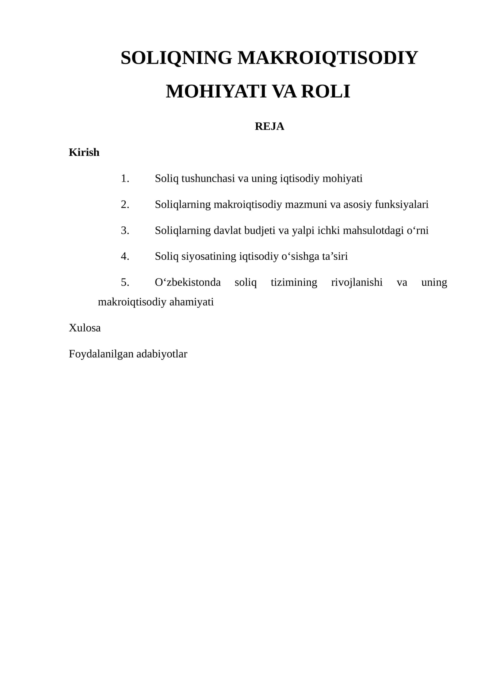 SOLIQNING MAKROIQTISODIY MOHIYATI VA ROLI