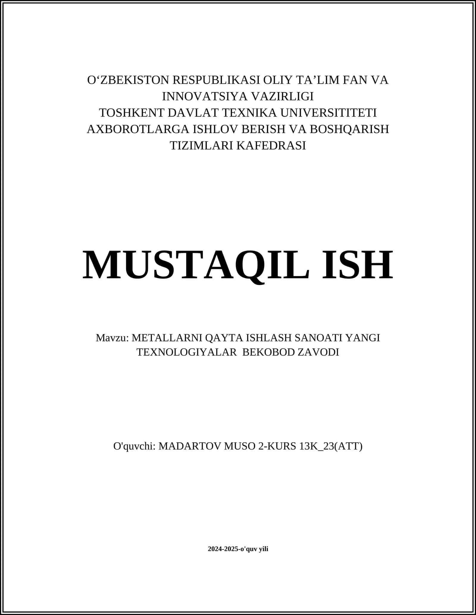 METALLARNI QAYTA ISHLASH SANOATI YANGI TEXNOLOGIYALAR BEKOBOD ZAVODI