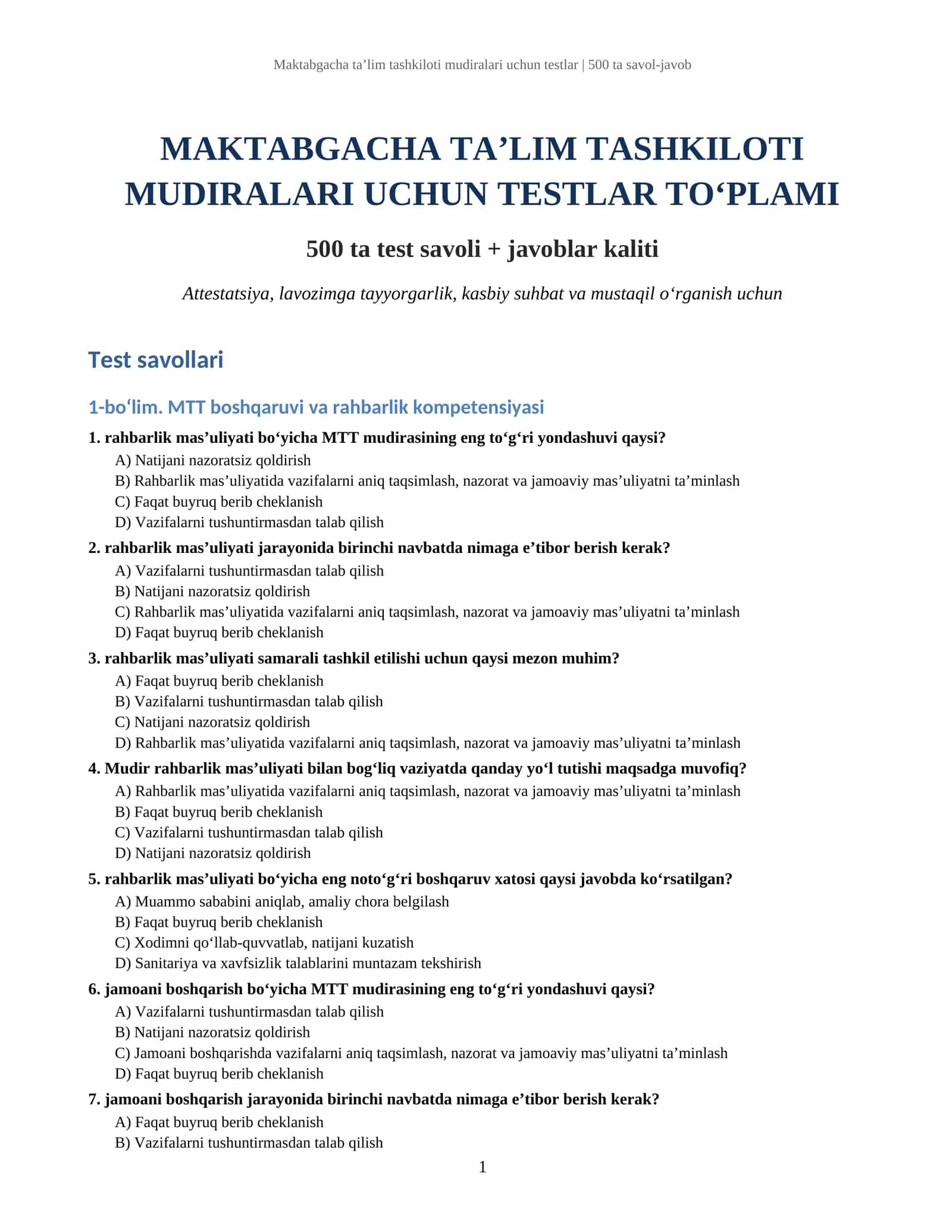 Maktabgacha ta’lim tashkiloti mudiralari uchun testlar | 500 ta savol-javob
