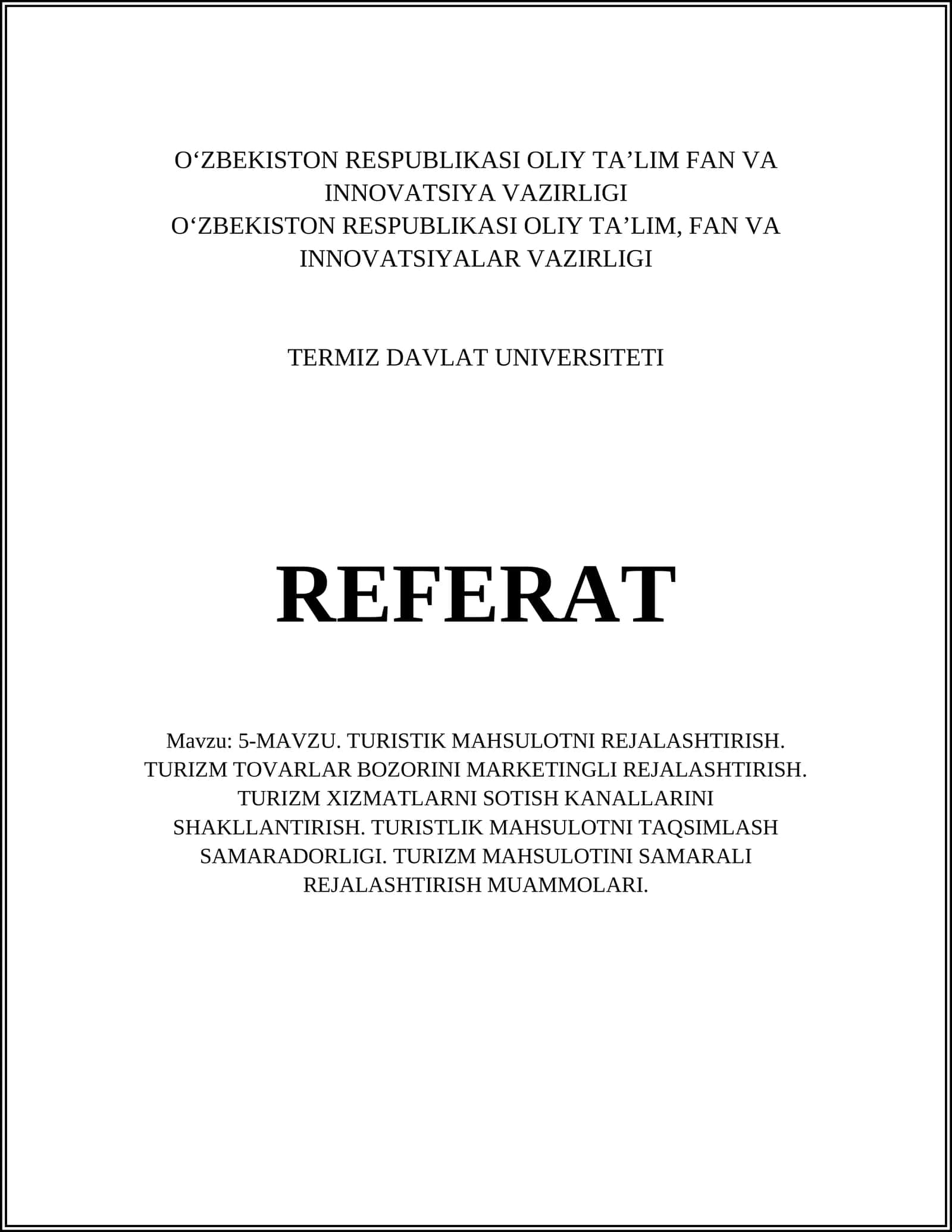 5- TURISTIK MAHSULOTNI REJALASHTIRISH