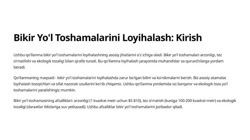 Bikir Yo'l Toshamalarini Loyihalash: Kirish