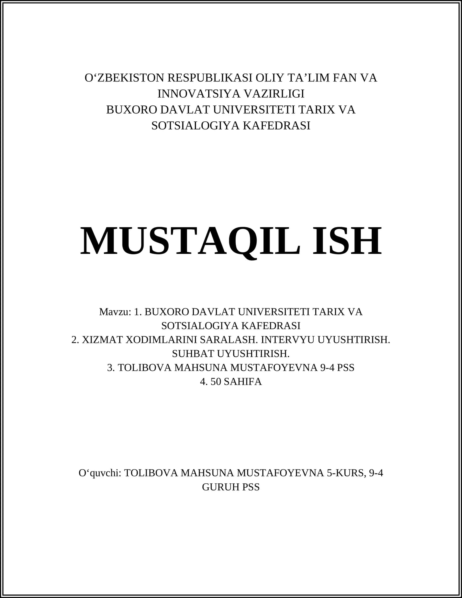 BUXORO DAVLAT UNIVERSITETI TARIX VA SOTSIALOGIYA KAFEDRASI