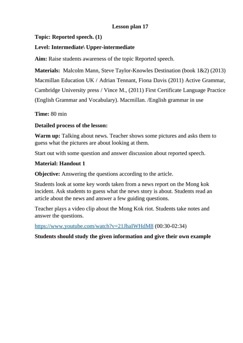 Reported speech lesson plan