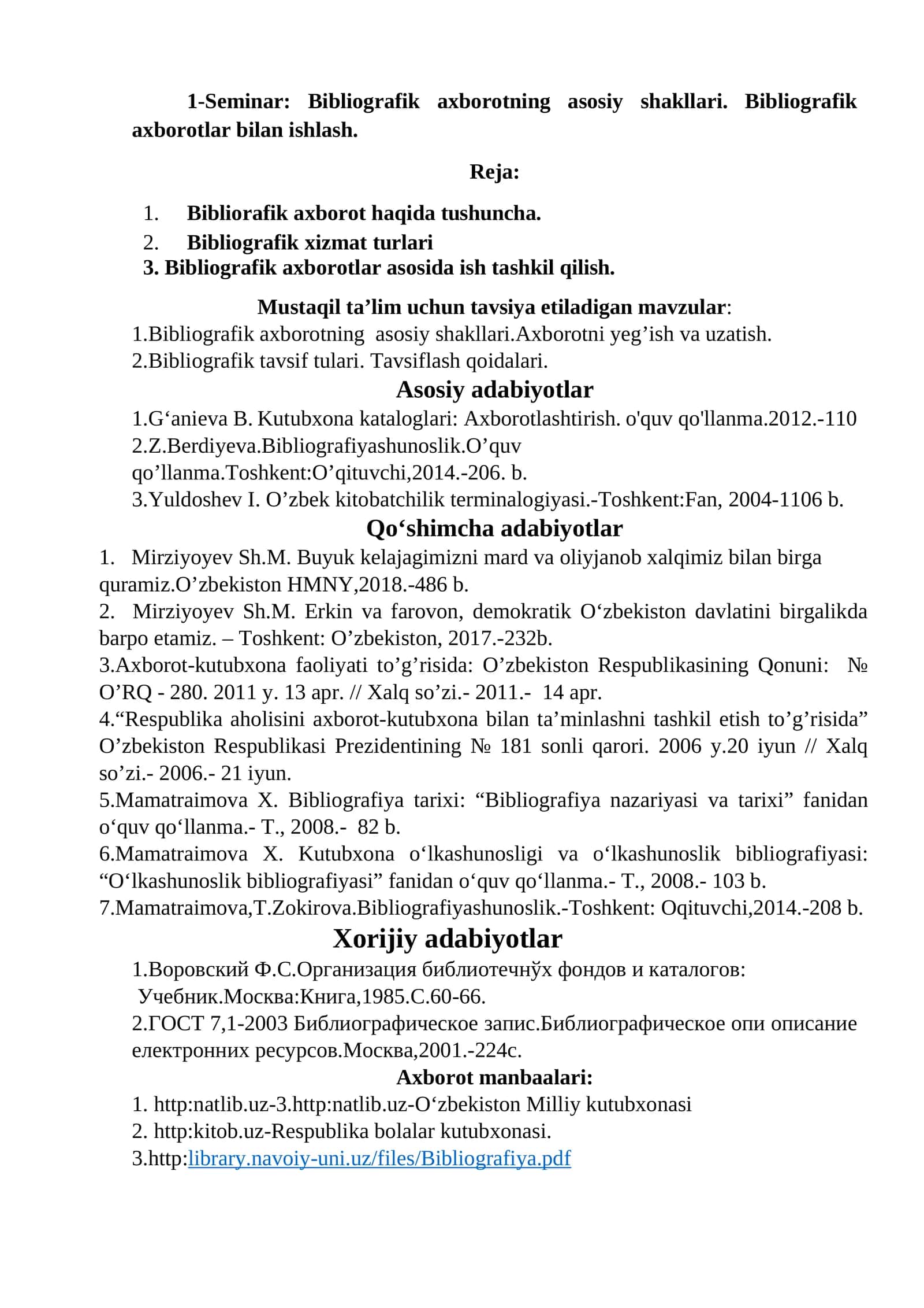 Bibliografik axborotning asosiy shakllari