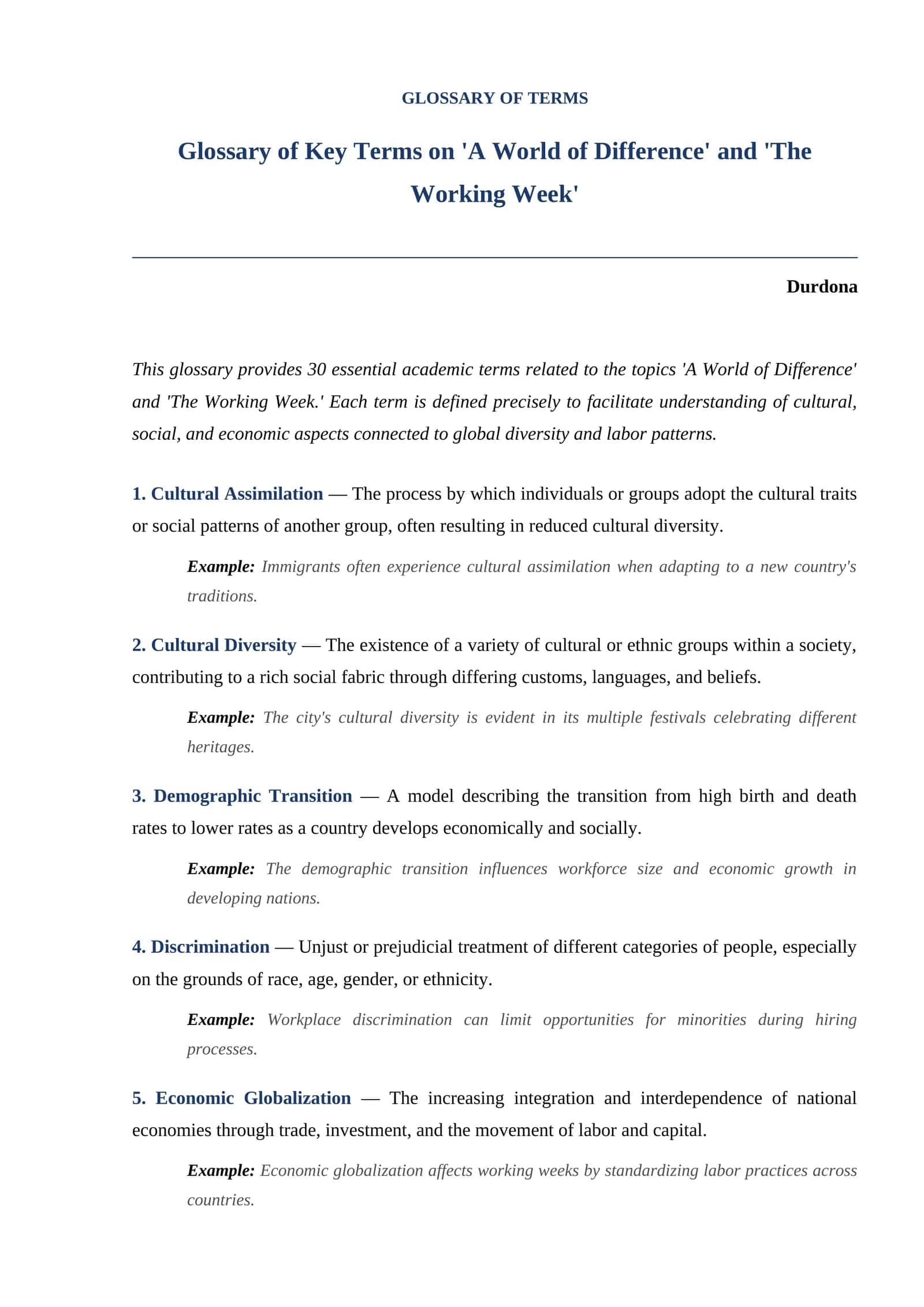 Glossary of Key Terms on 'A World of Difference' and 'The Working Week'