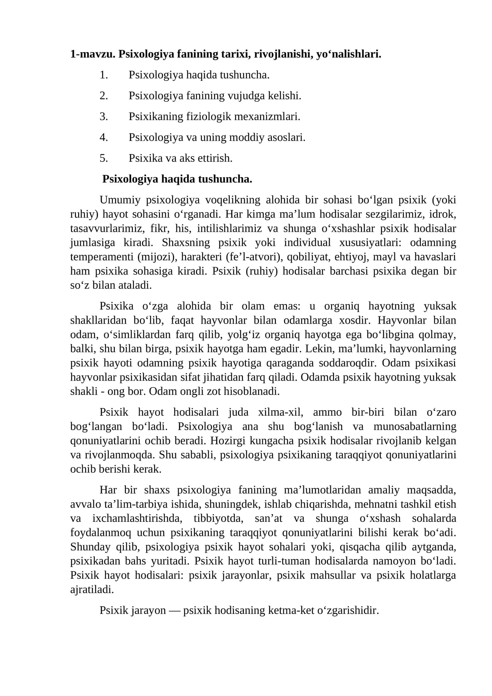 Psixologiya fanining tarixi, rivojlanishi, yo‘nalishlari