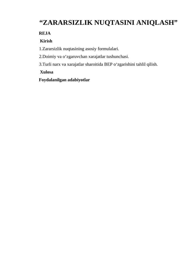 Zararsizlik nuqtasini aniqlovchi formulalar
