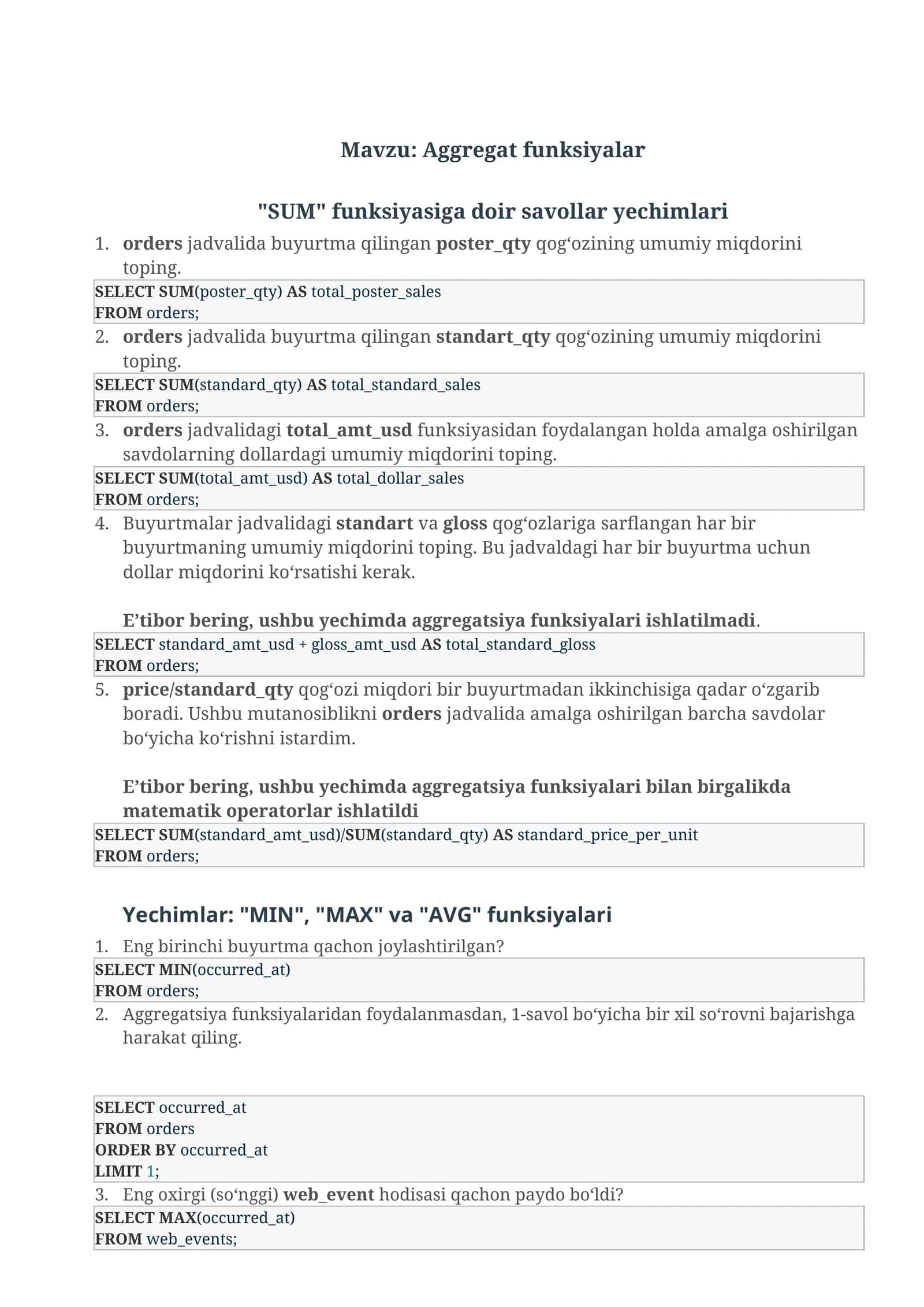 Aggregat funksiyalar