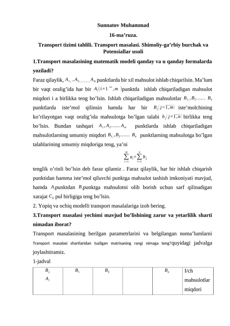 Transport tizimi tahlili