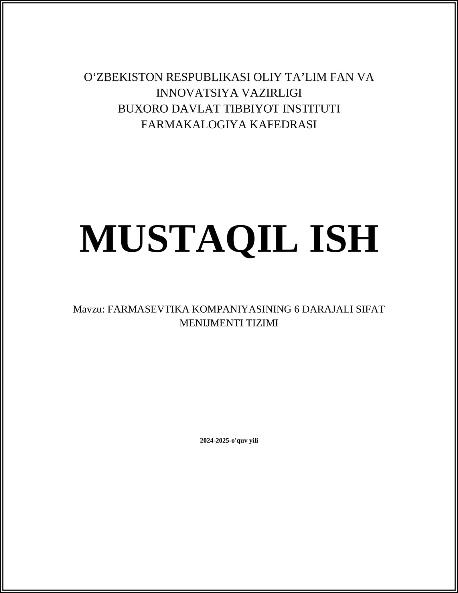 FARMASEVTIKA KOMPANIYASINING 6 DARAJALI SIFAT MENIJMENTI TIZIMI