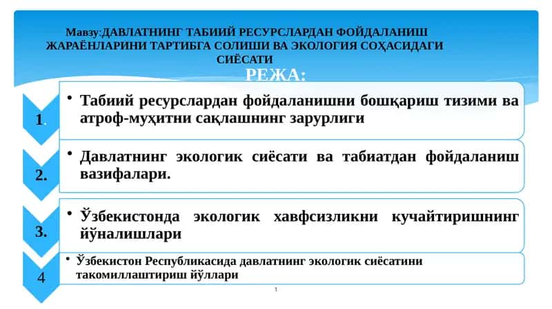 ДАВЛАТНИНГ ТАБИИЙ РЕСУРСЛАРДАН ФОЙДАЛАНИШ ЖАРАЁНЛАРИНИ ТАРТИБГА СОЛИШИ ВА ЭКОЛОГИЯ СОҲАСИДАГИ СИЁСАТИ