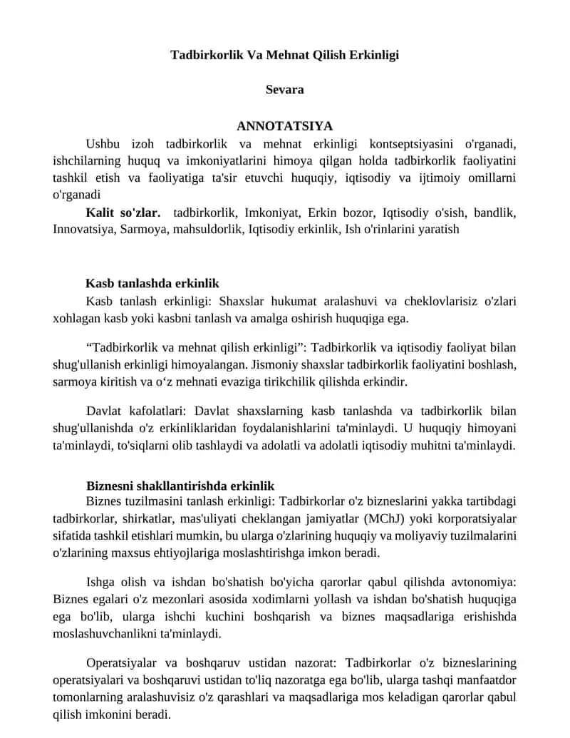 Tadbirkorlik Va Mehnat Qilish Erkinligi