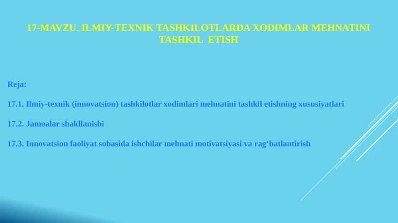 Ilmiy-Texnik tashkilotlarda Mehnat faoliyatini tashkil etish