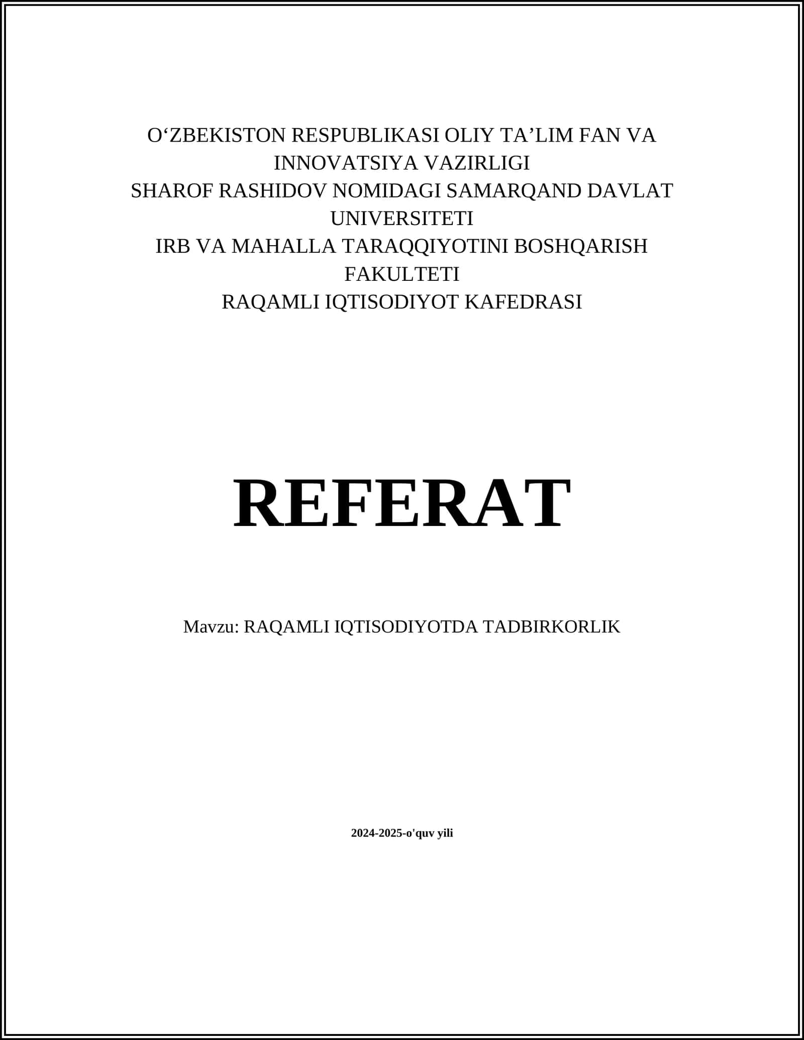 RAQAMLI IQTISODIYOTDA TADBIRKORLIK