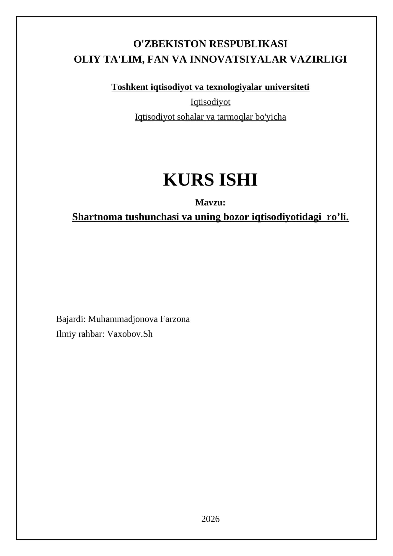 Shаrtnоmа tushunchаsi vа uning bozor iqtisodiyotidagi ro’li