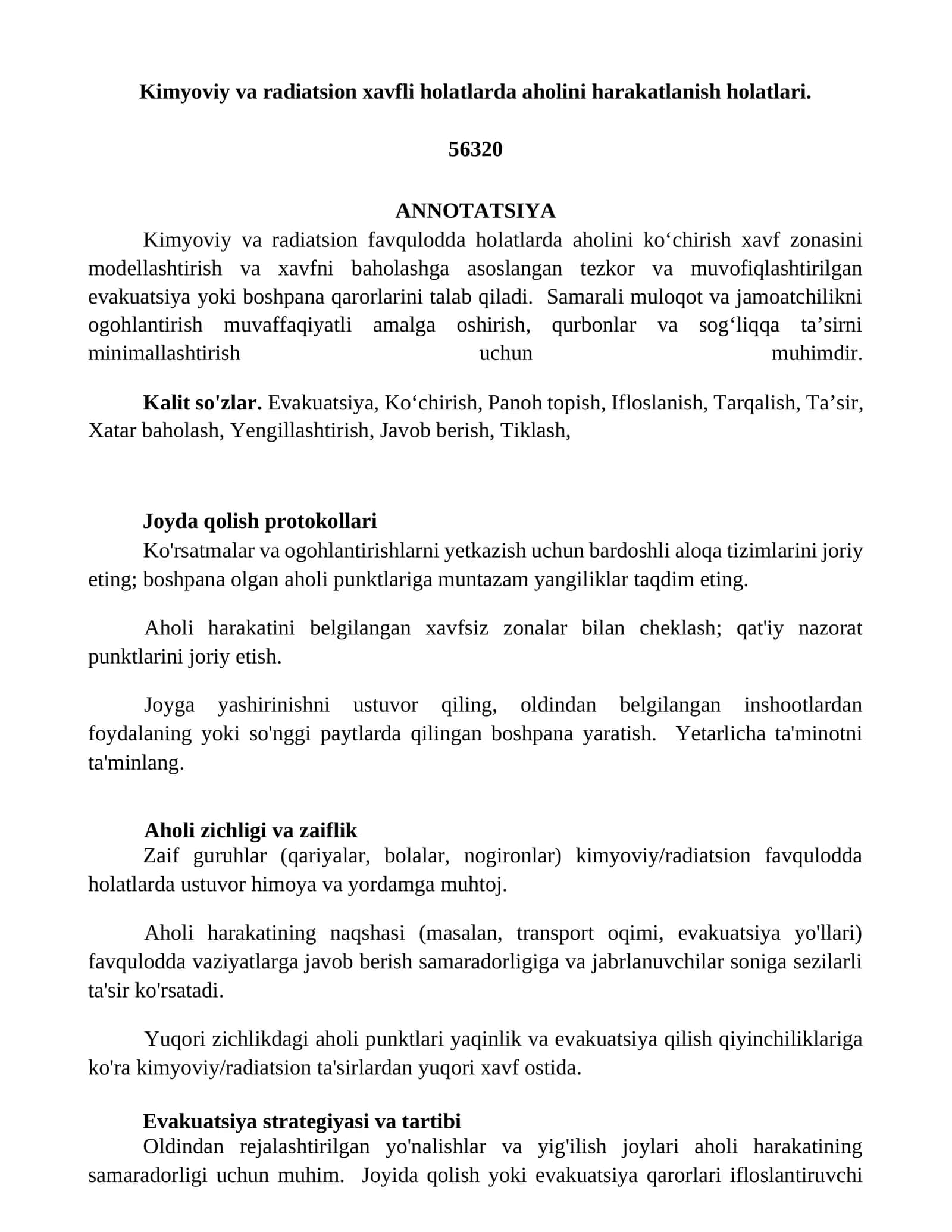 Kimyoviy va radiatsion xavfli holatlarda aholini harakatlanish holatlari