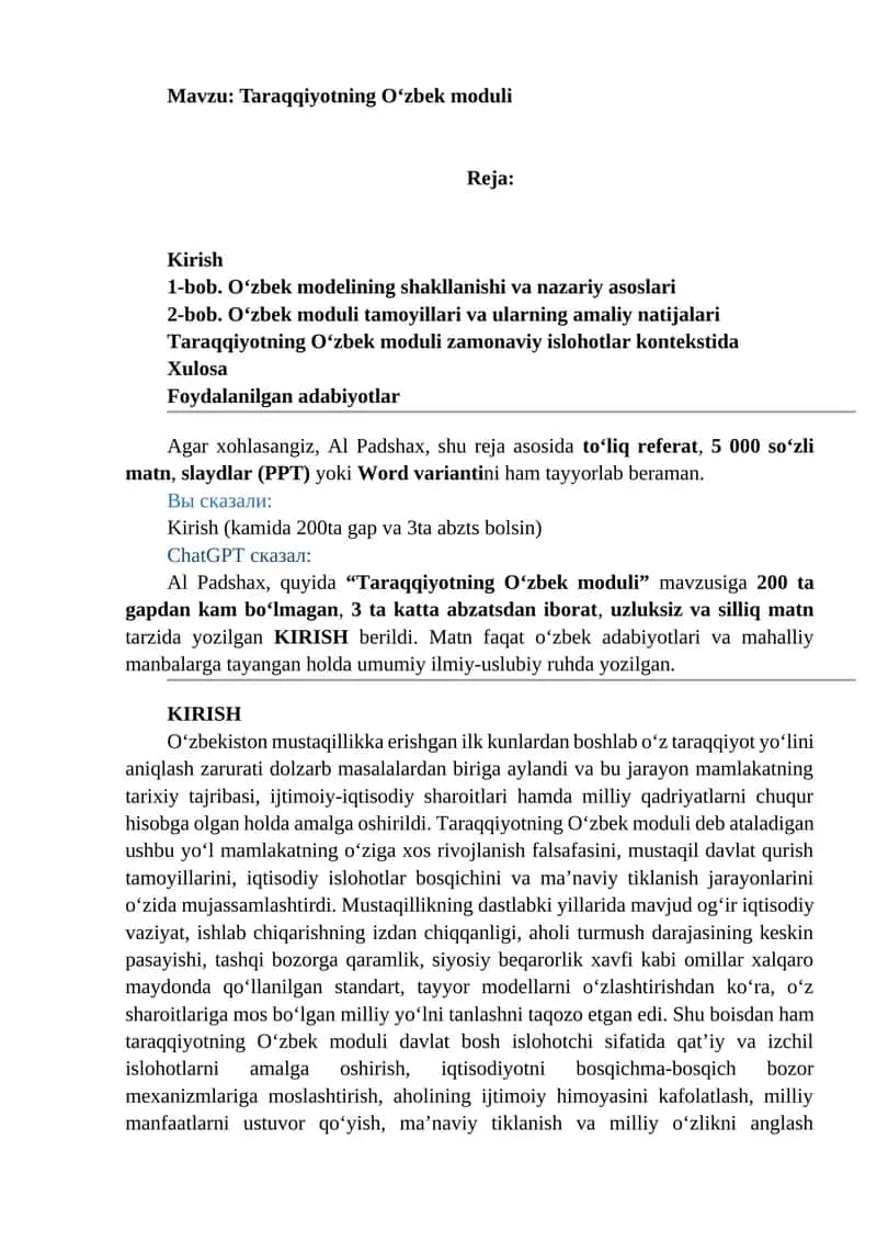 Taraqqiyotning O‘zbek moduli