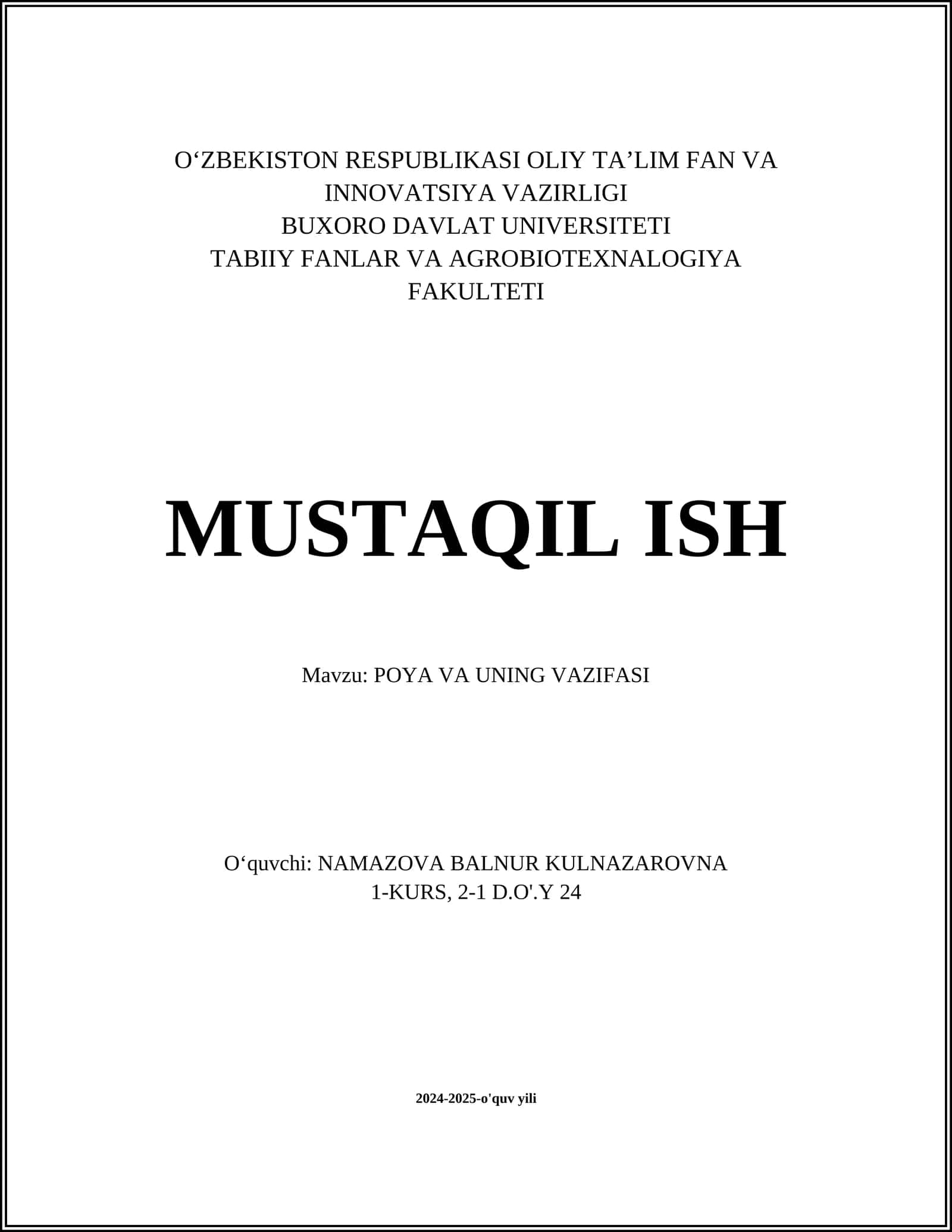 O'simlikning Asosiy Vazifalari