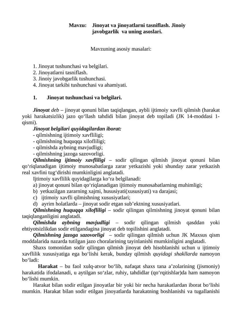 Jinoyat va jinoyatlarni tasniflash