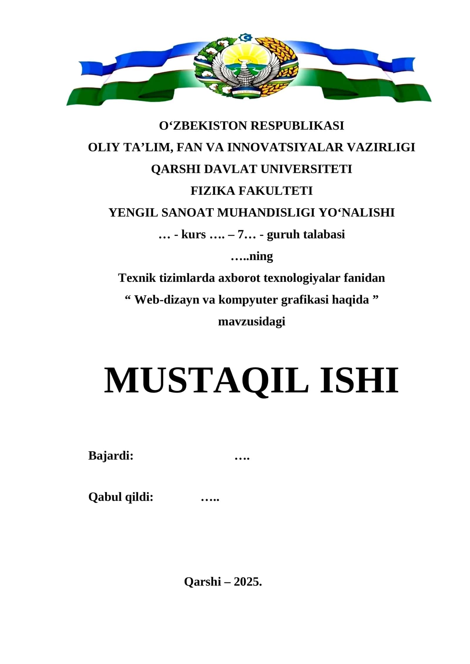 Web-dizayn va kompyuter grafikasi haqida mavzusi buyicha tayyor mustaqil ishi