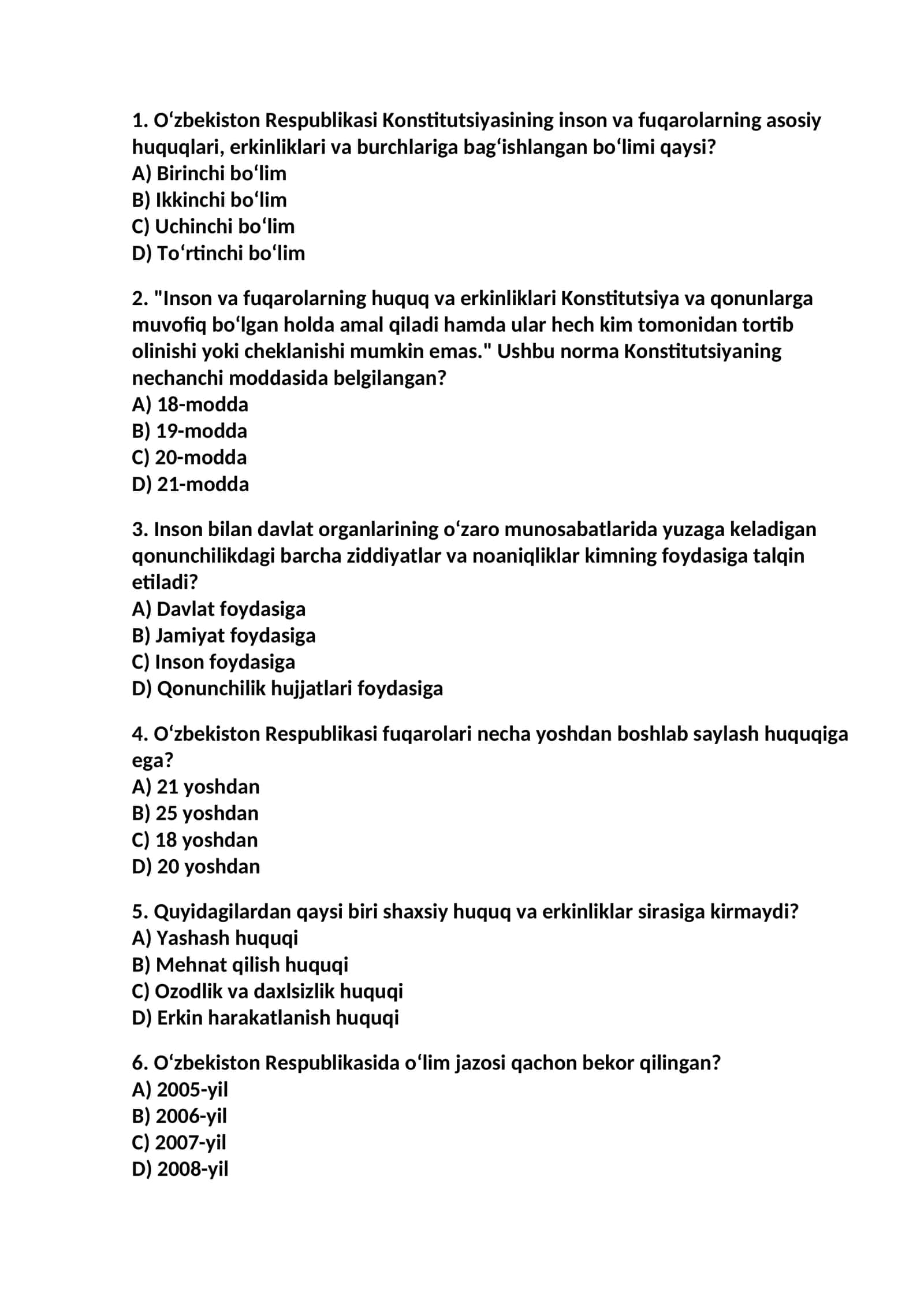 Oʻzbekiston Respublikasi Konstitutsiyasining inson va fuqarolarning asosiy huquqlari, erkinliklari va burchlariga bagʻishlangan boʻlimi qaysi?