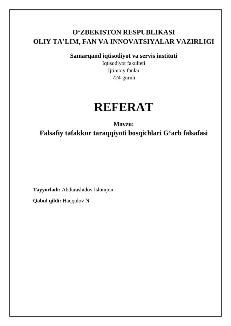 Falsafiy tafakkur taraqqiyoti bosqichlari Gʻarb falsafasi